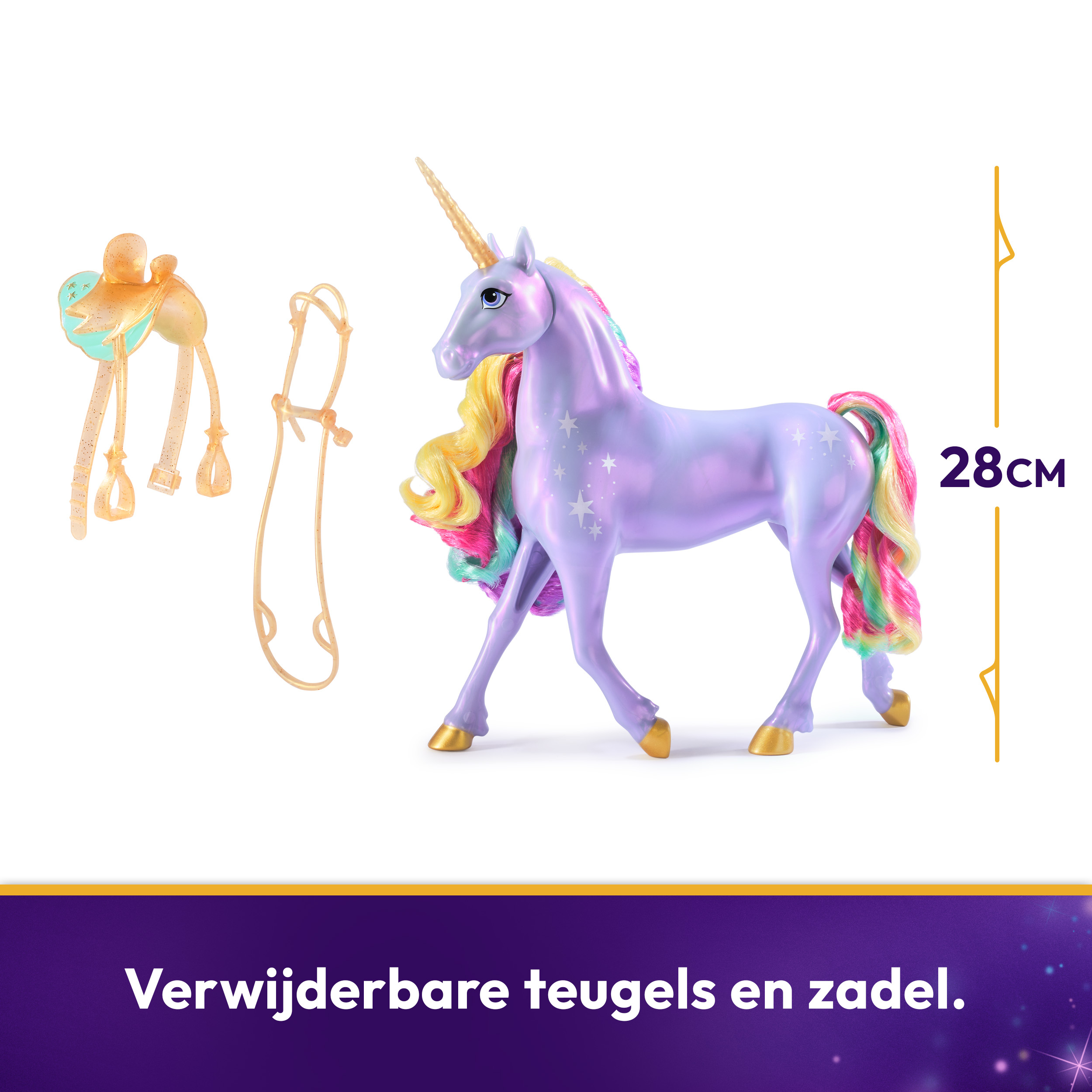 Unicorno giocattolo con sella e redini. L'unicorno è viola e ha un corno d'oro. Sfondo bianco.