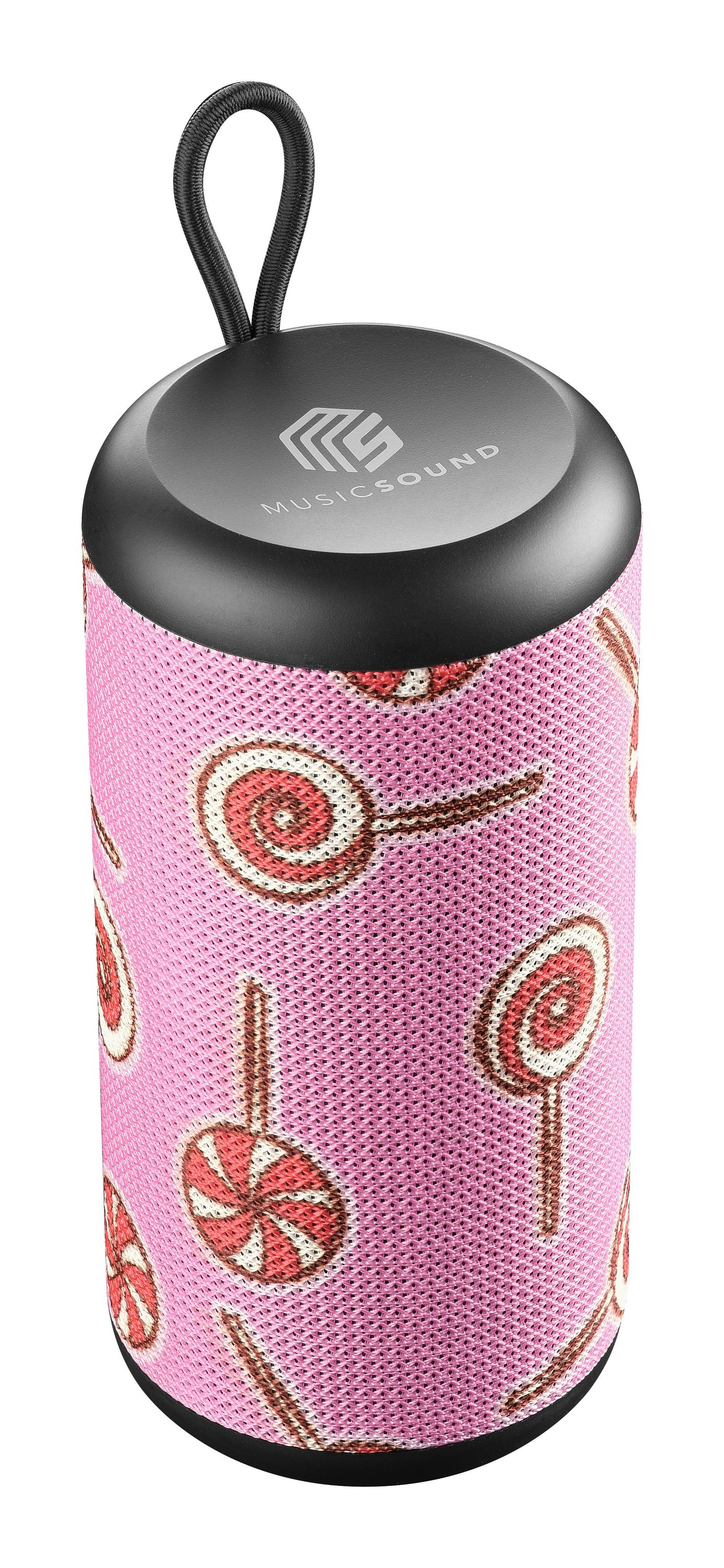 Różowy głośnik ze wzorem cukierków, czarnym wierzchem i czarną pętlą do zawieszania.