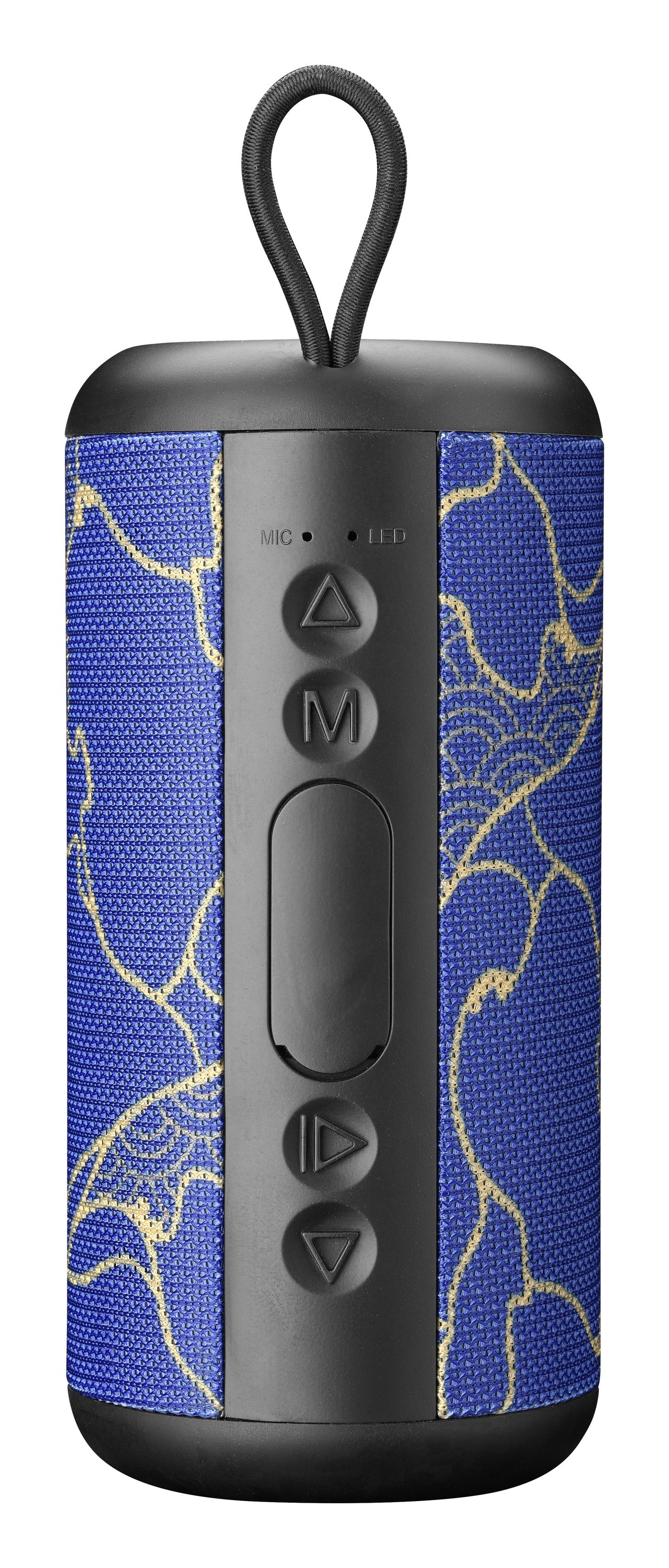 Czarny i niebieski głośnik z czarną pętlą. Głośnik ma niebieski wzór i przyciski.