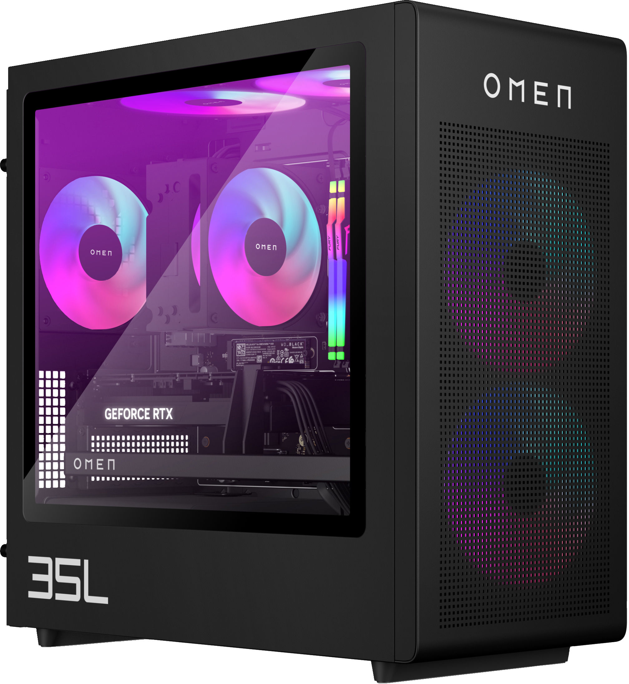 PC de jeu OMEN noir. Panneau latéral en verre, ventilateurs avec lumières.