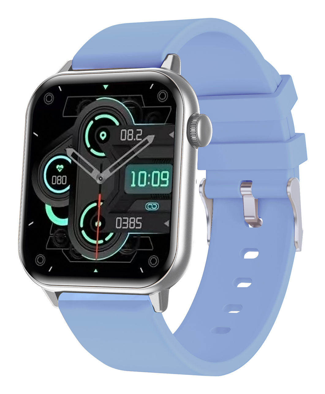 Smartwatch argentato con cinturino azzurro. L'orologio mostra l'ora e ha un display digitale.