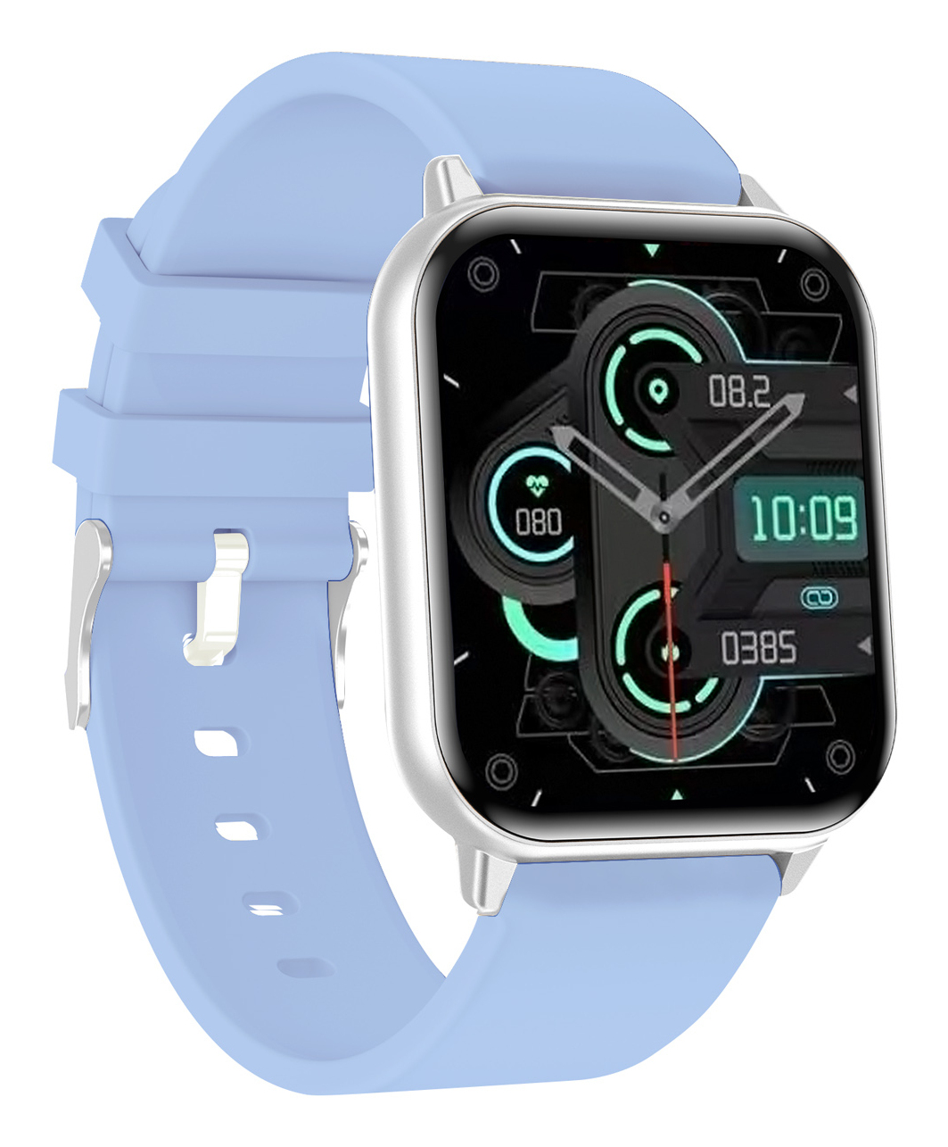 Uno smartwatch con quadrante quadrato, cinturino azzurro e display digitale che mostra l'ora.