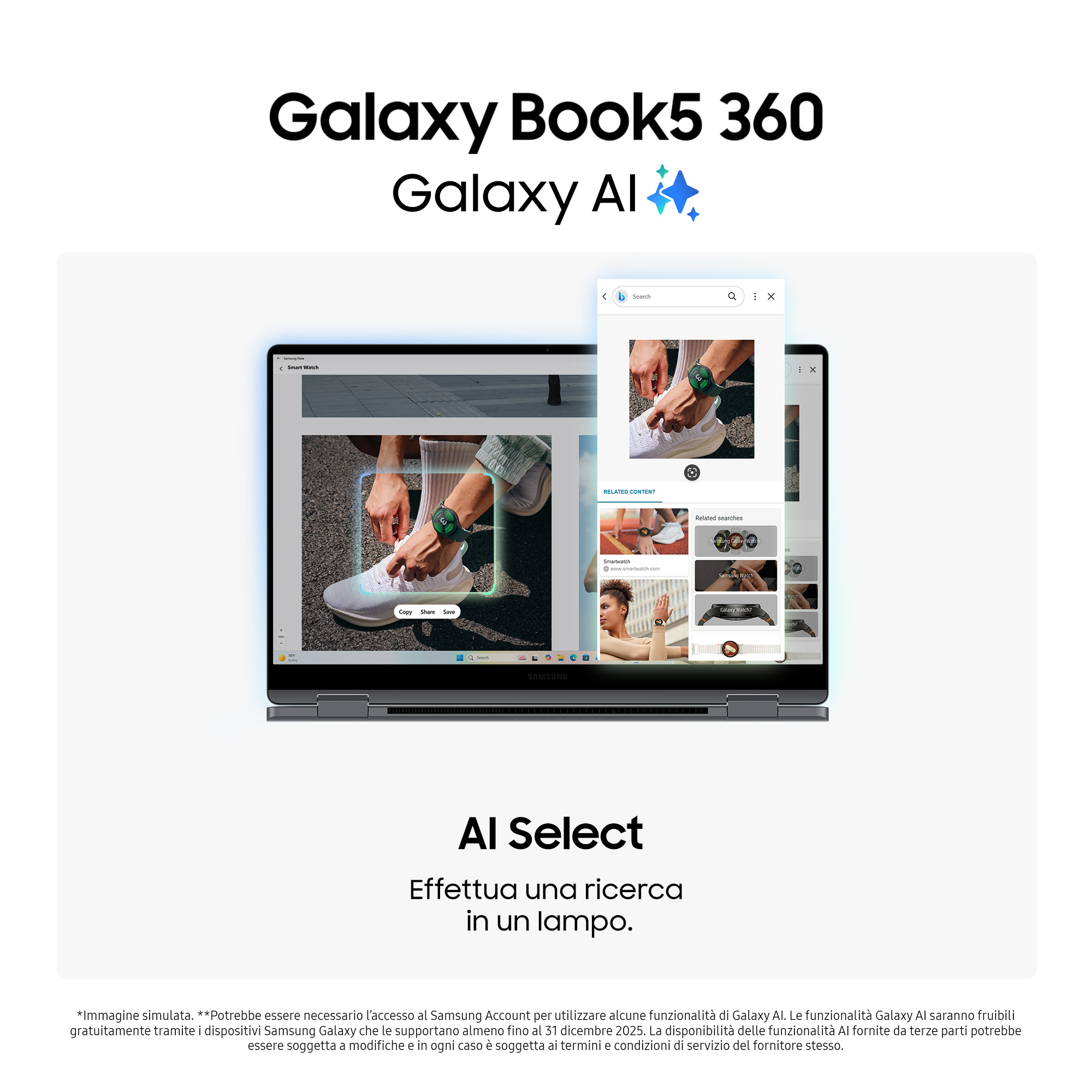 Laptop aperto, mostra pagina web. Testo 'Galaxy Book5 360 Galaxy AI'. Sfondo bianco.