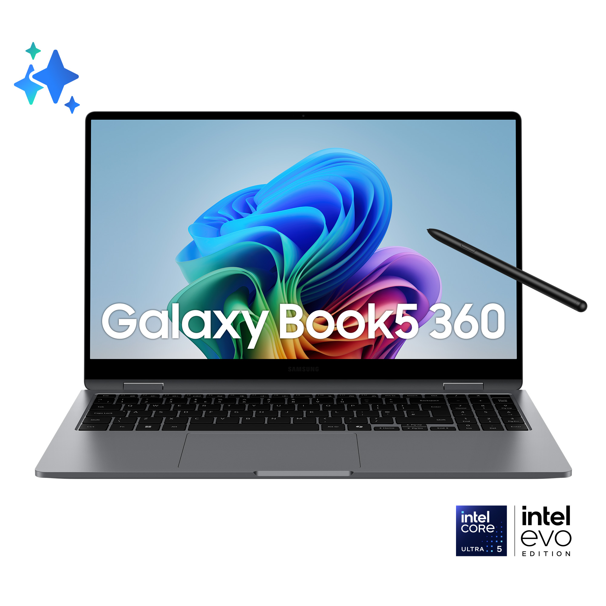 Un laptop grigio con uno schermo che mostra testo e una penna. Le parole 'Galaxy Book5 360' e 'Intel EVO Edition' sono visibili.