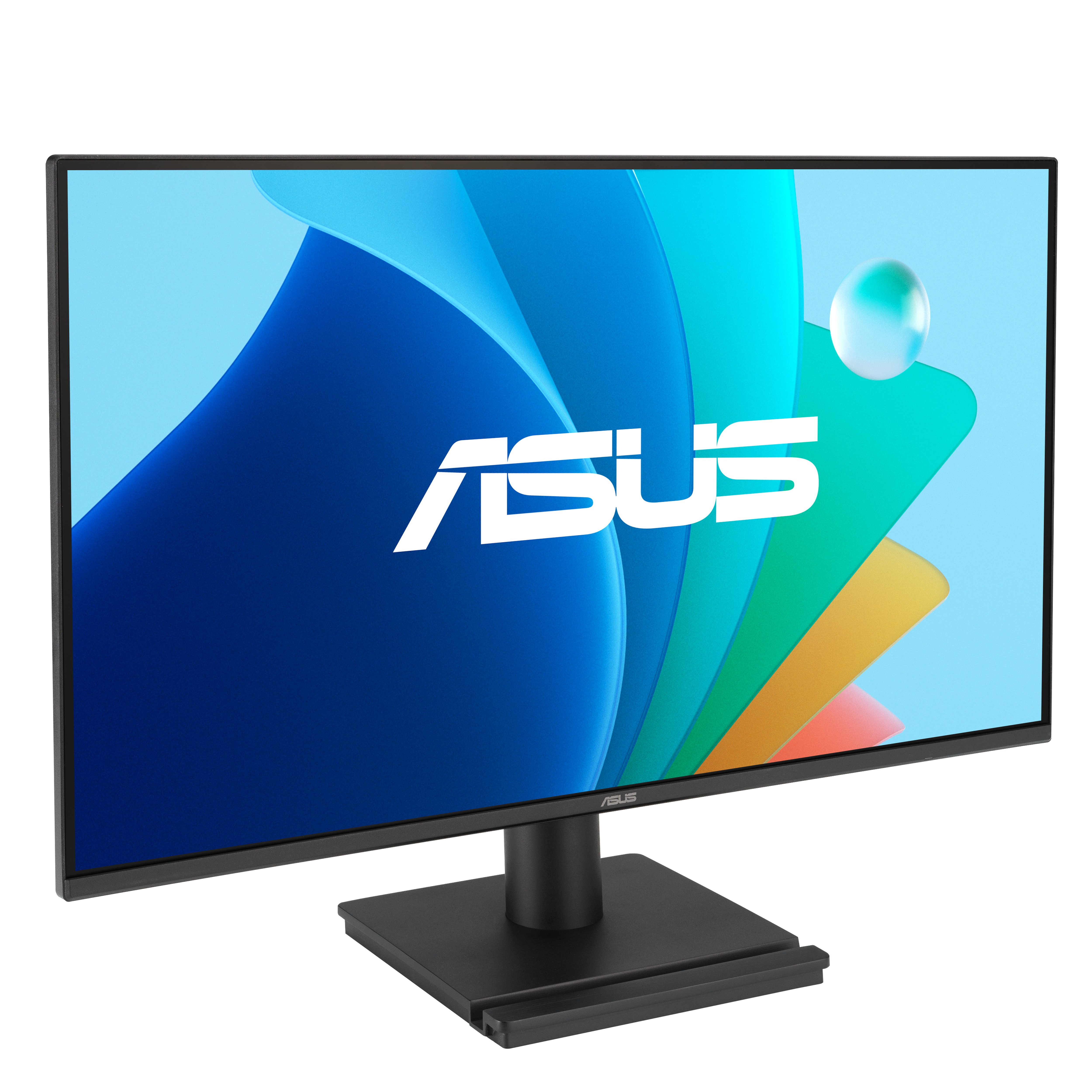 Monitor ASUS z niebieskim, abstrakcyjnym tłem. Czarny stojak, kolorowy design.