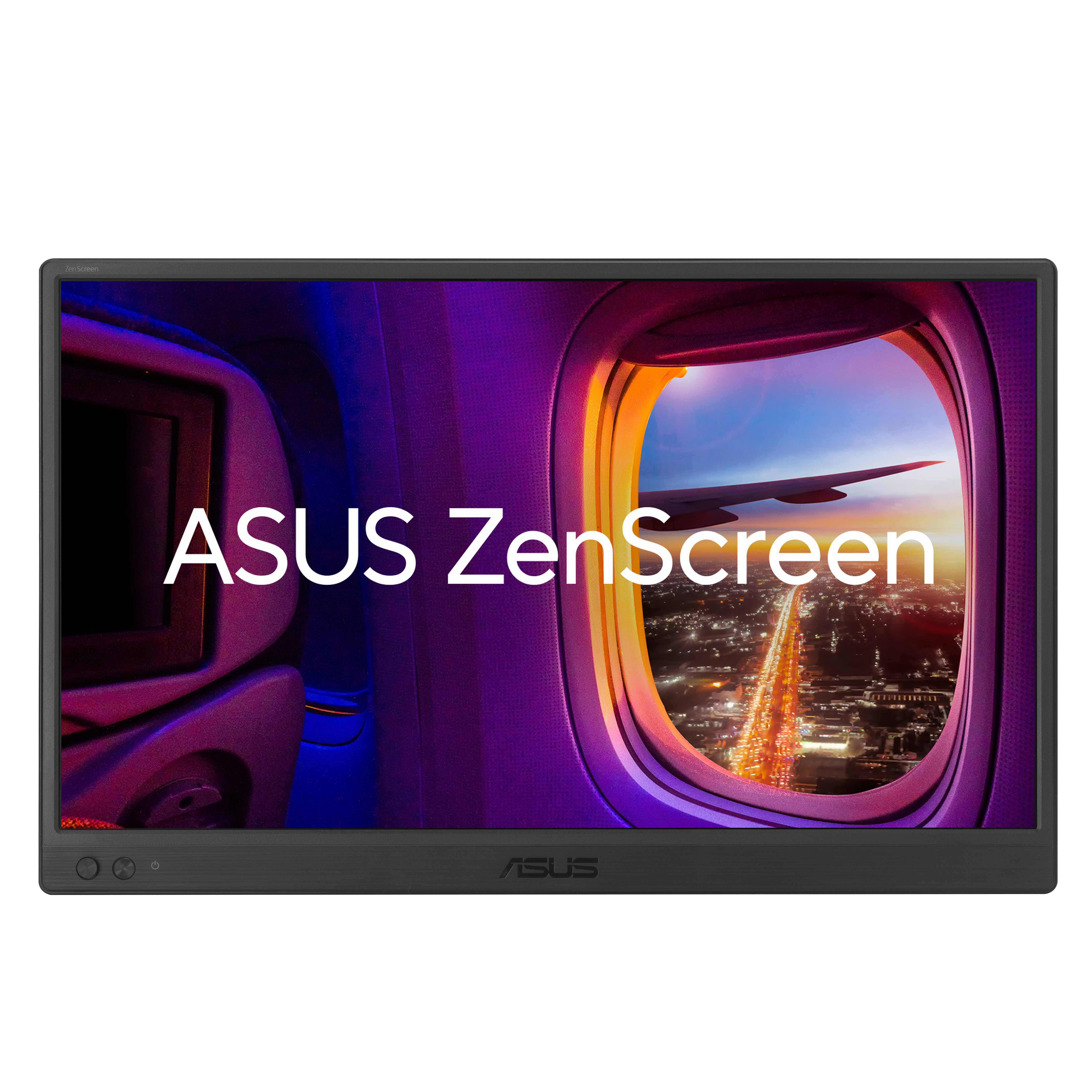 Monitor z tekstem ASUS ZenScreen, pokazujący widok z okna samolotu z nocnymi światłami.