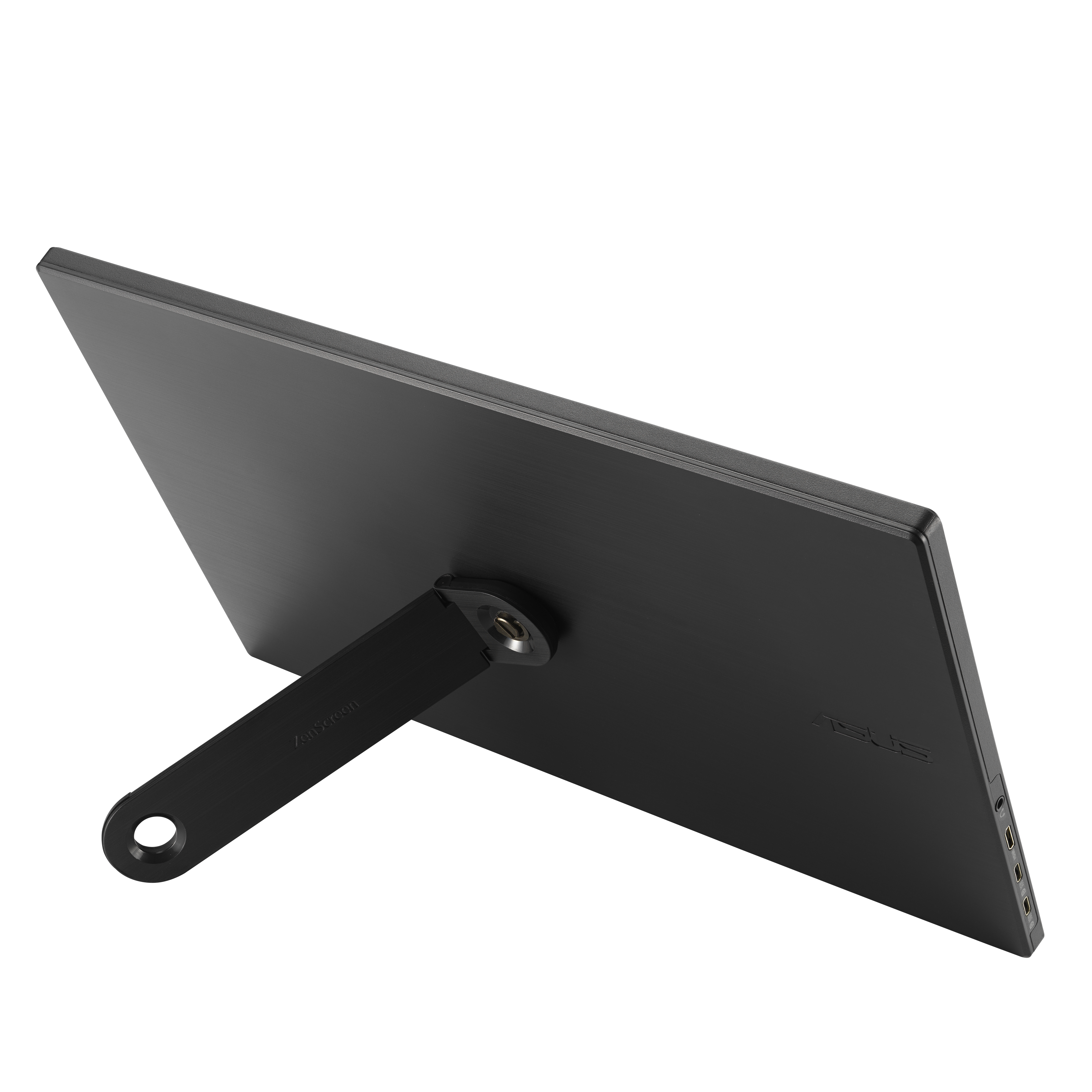 Czarny monitor ASUS pochylony do tyłu na stojaku, z logo na stojaku.
