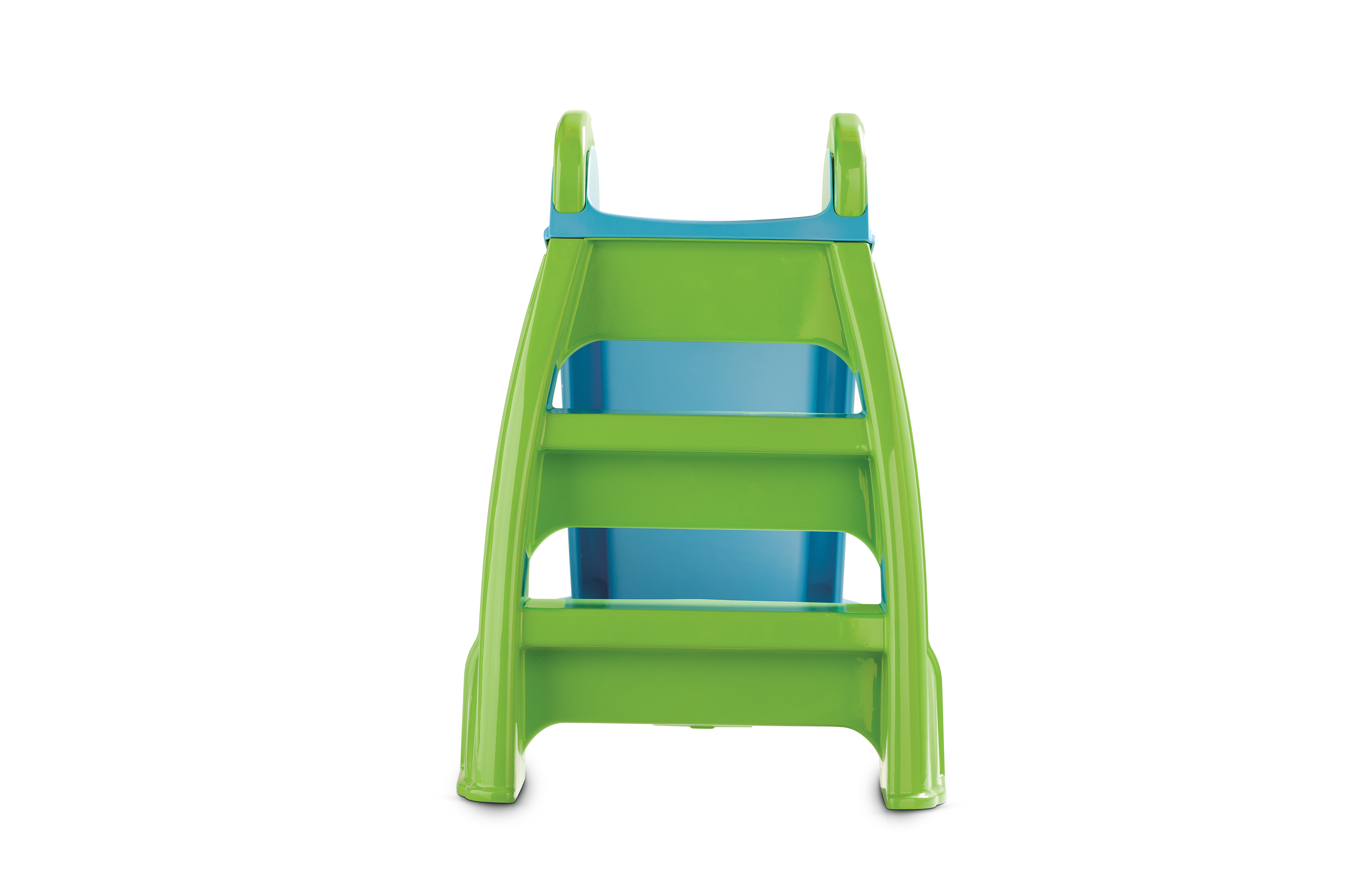 Scivolo in plastica verde e blu per bambini. Ha una scala sul retro. Sfondo bianco.