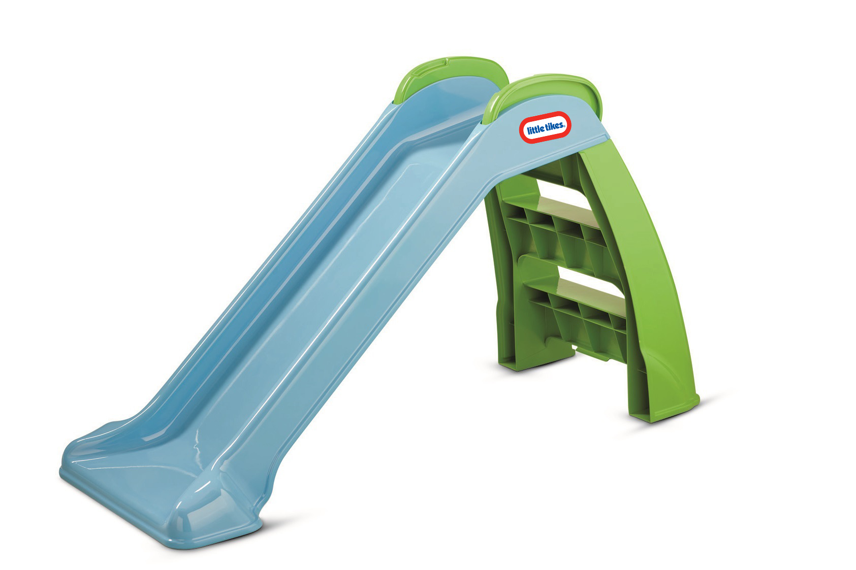 Uno scivolo di plastica blu e verde su sfondo bianco. Il logo Little Tikes è visibile.