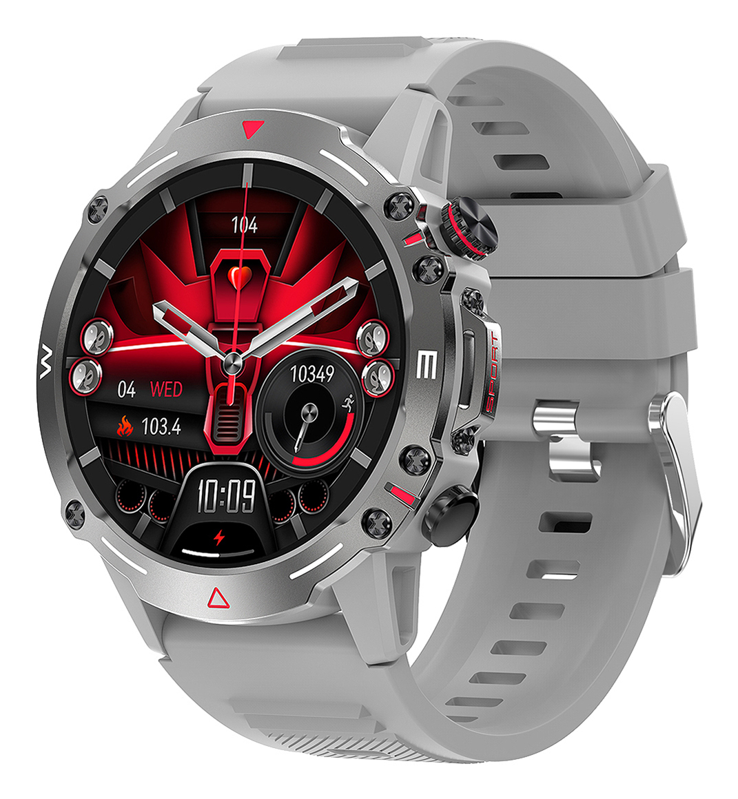 Smartwatch grigio con quadrante rosso e nero e cinturino grigio, su sfondo bianco.