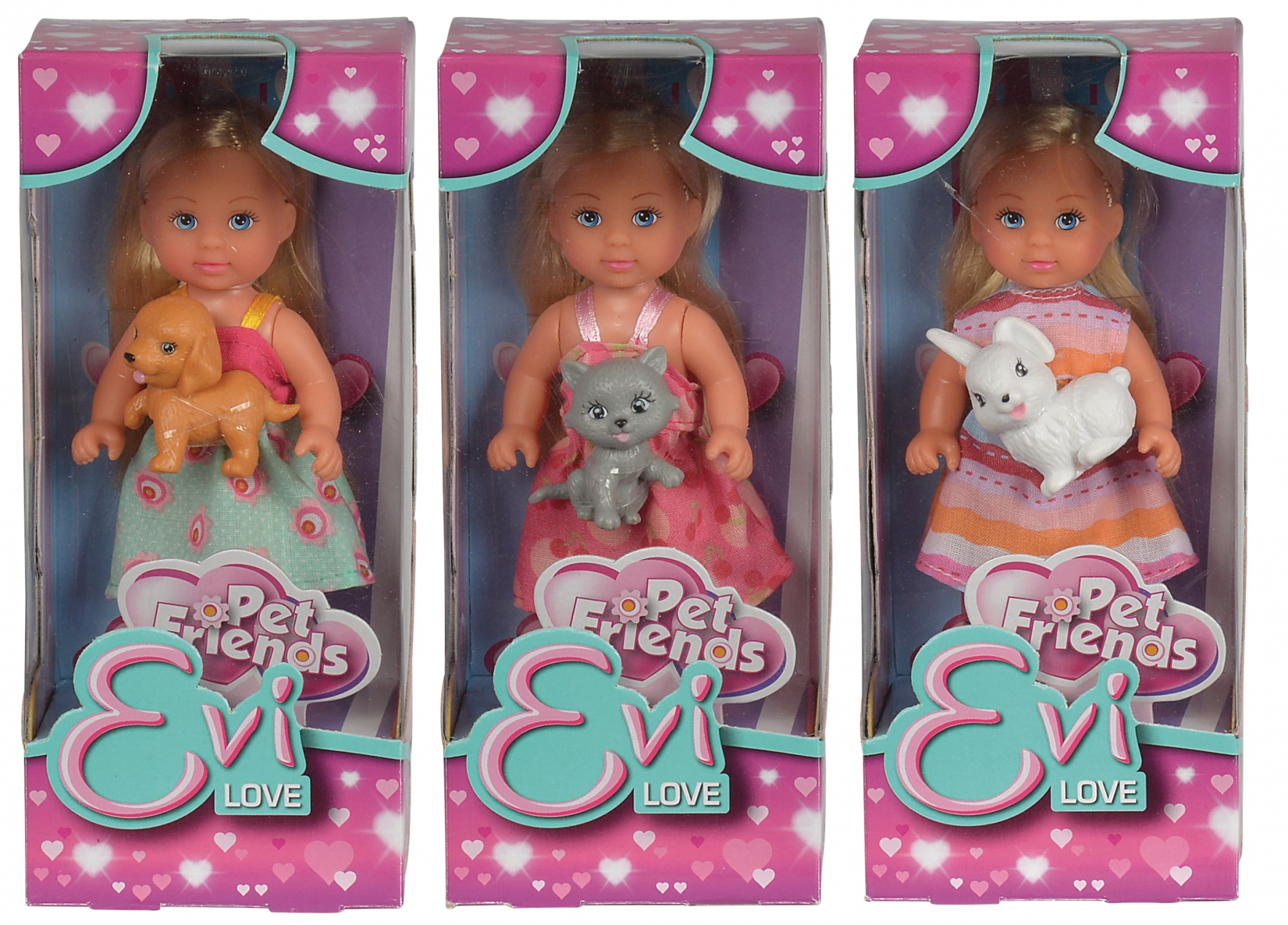 Drei eingepackte Evi Love-Puppen. Jede Puppe hat blondes Haar und ein Haustier: einen Hund, eine Katze und ein Kaninchen. Auf den Kartons steht 'Pet Friends'.