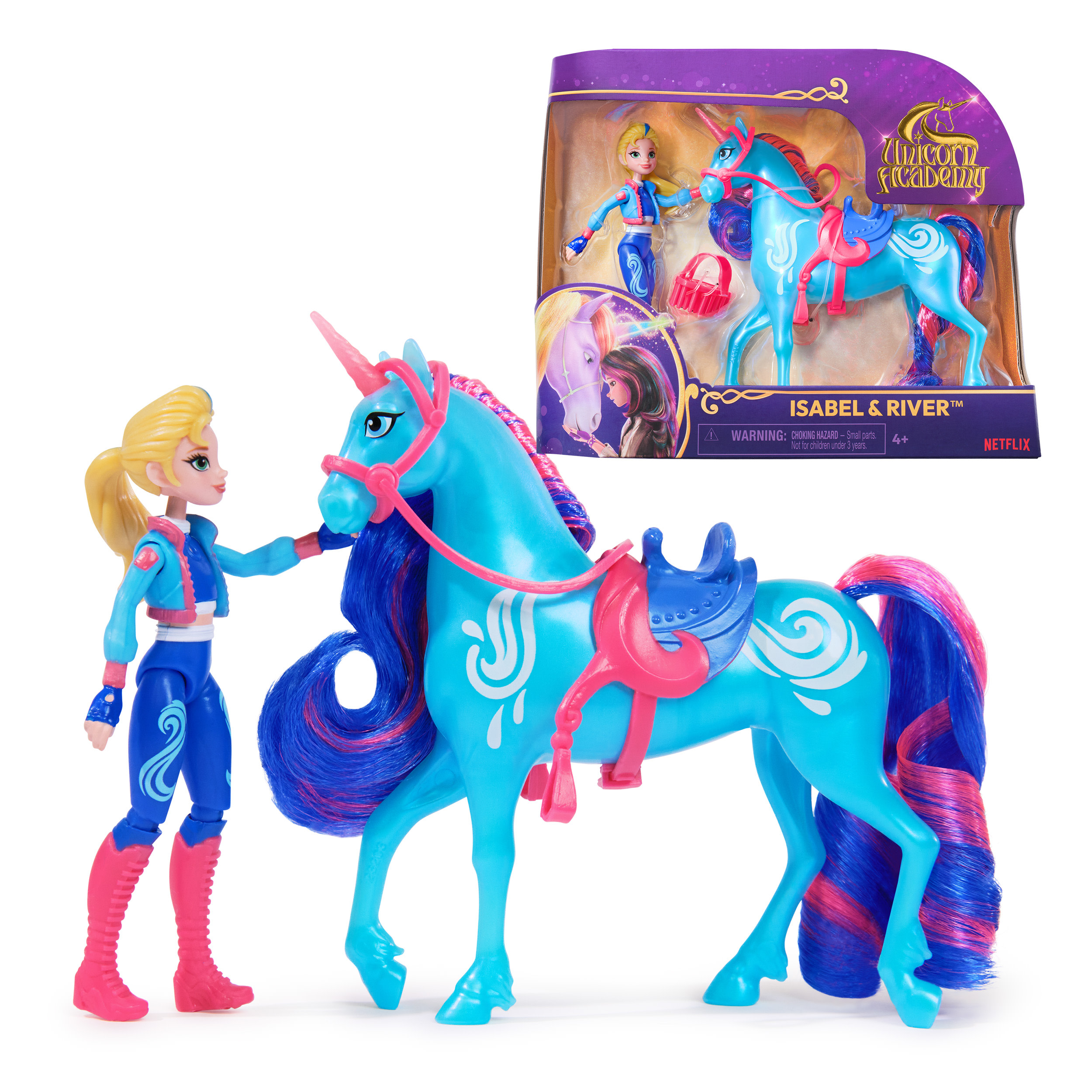 Ein Spielzeugset mit einem blauen Einhorn mit einer Mädchenfigur sowie eine Box mit demselben.