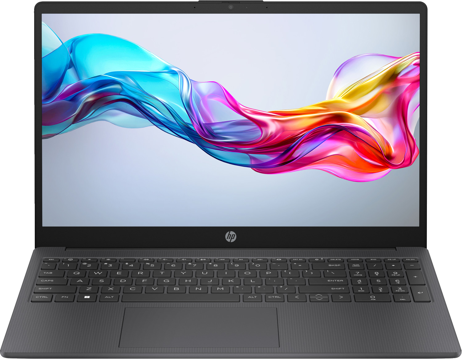 Un laptop aperto con uno sfondo astratto e colorato sullo schermo.