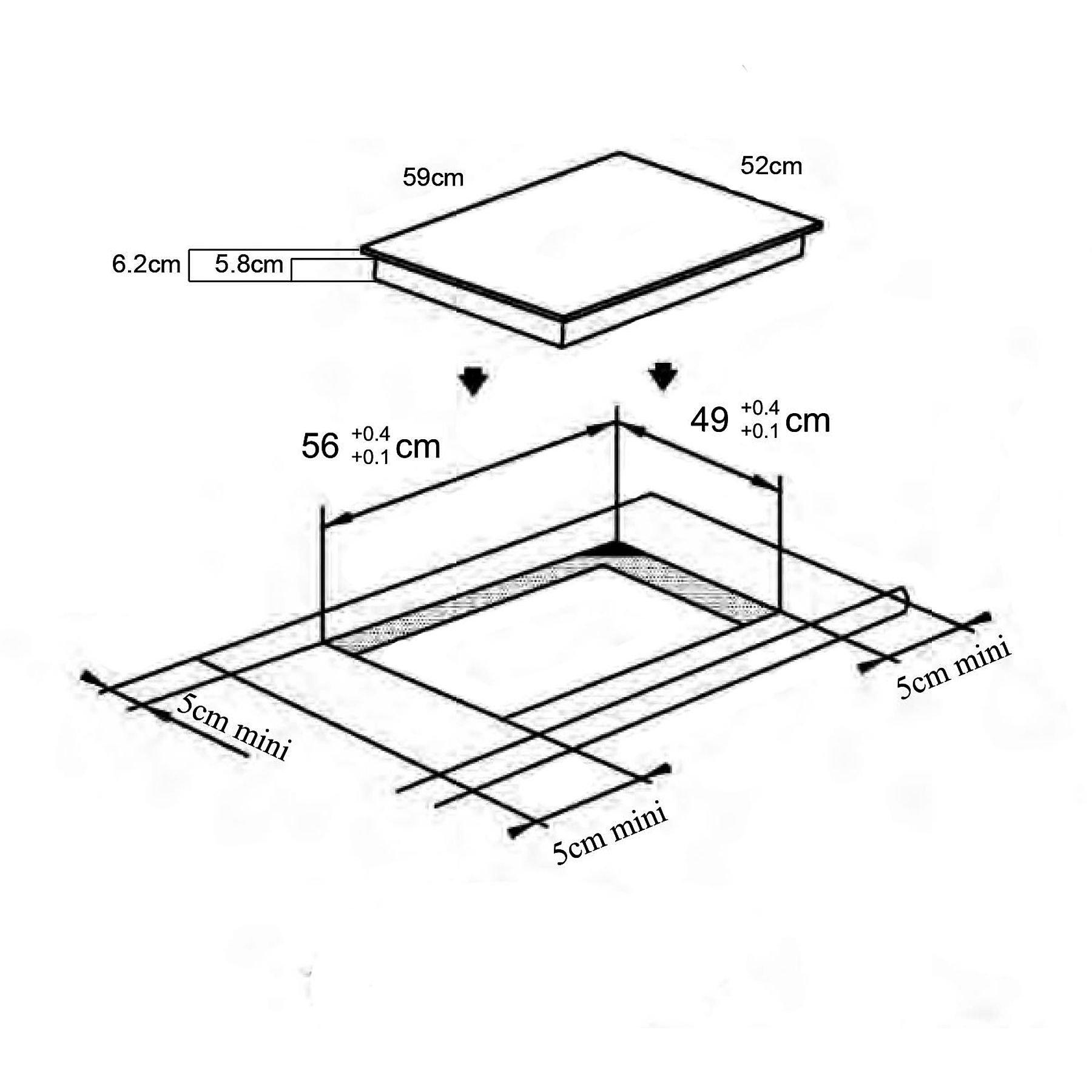 Diagram pokazujący wymiary do instalacji płyty grzewczej, z wymiarami w cm i mm.