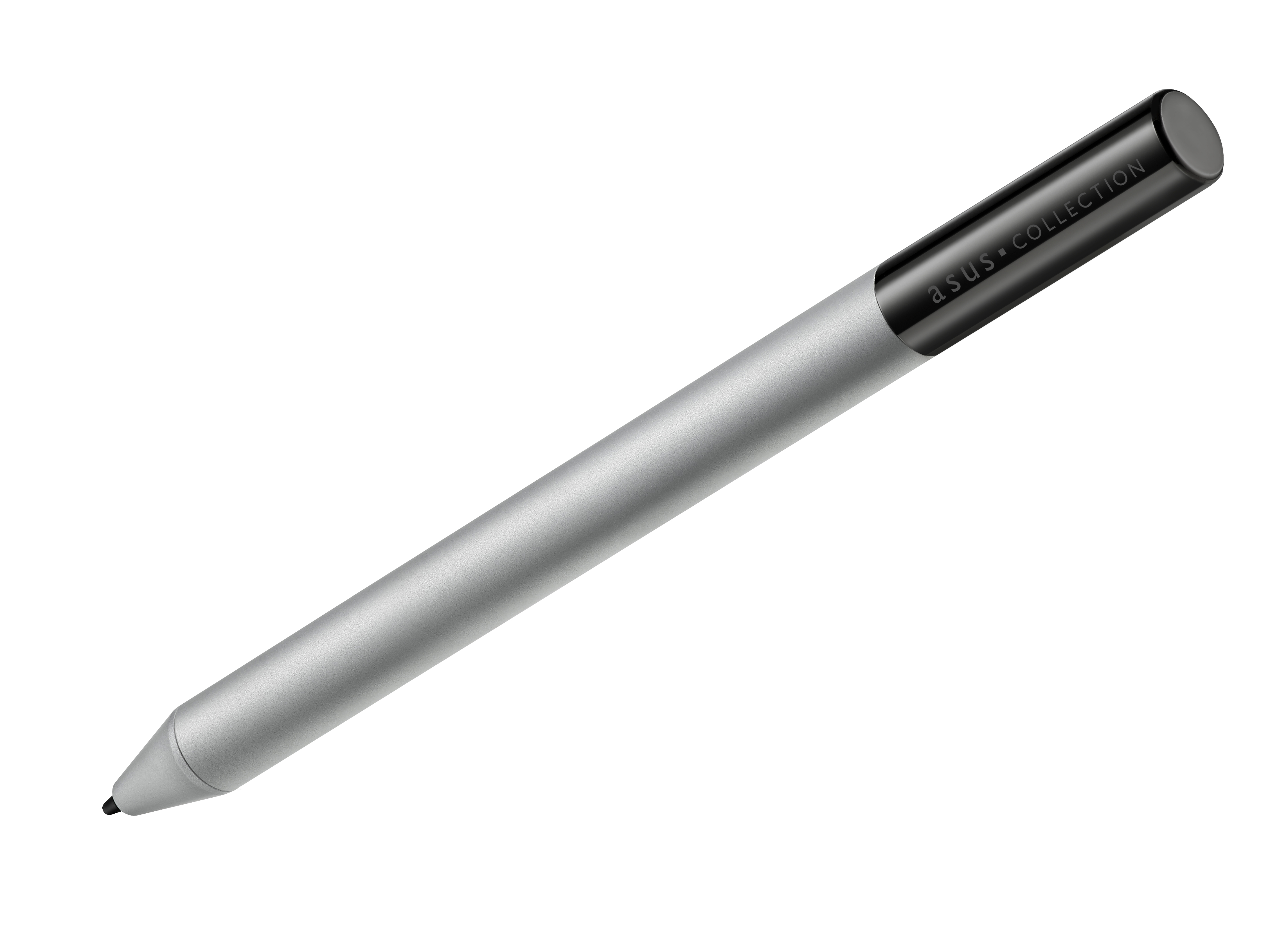 Ein silberner Eingabestift mit schwarzem Oberteil und Spitze. Es ist ein schlanker Stift.