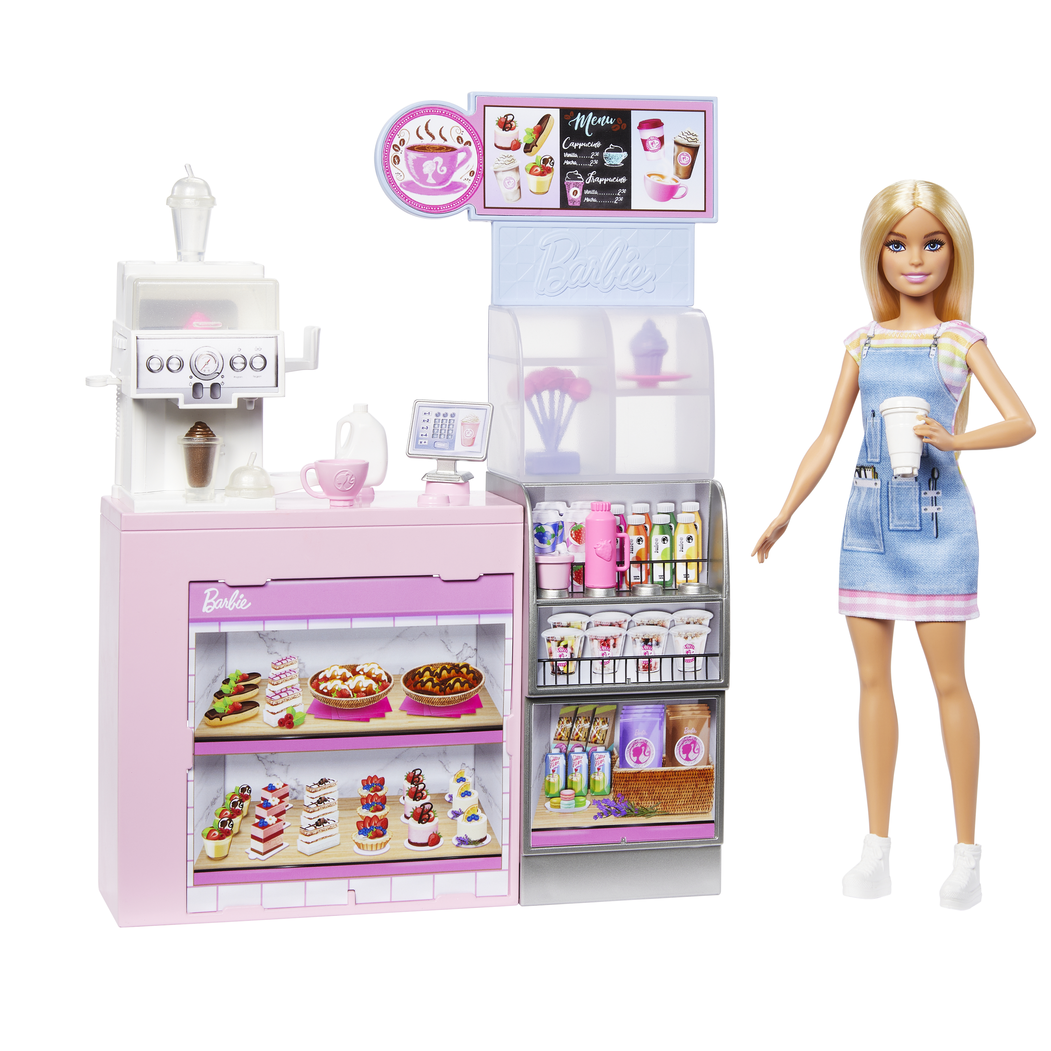 El set de juego de Barbie incluye equipo de café y una muñeca con una taza. Los colores rosa y blanco dominan.