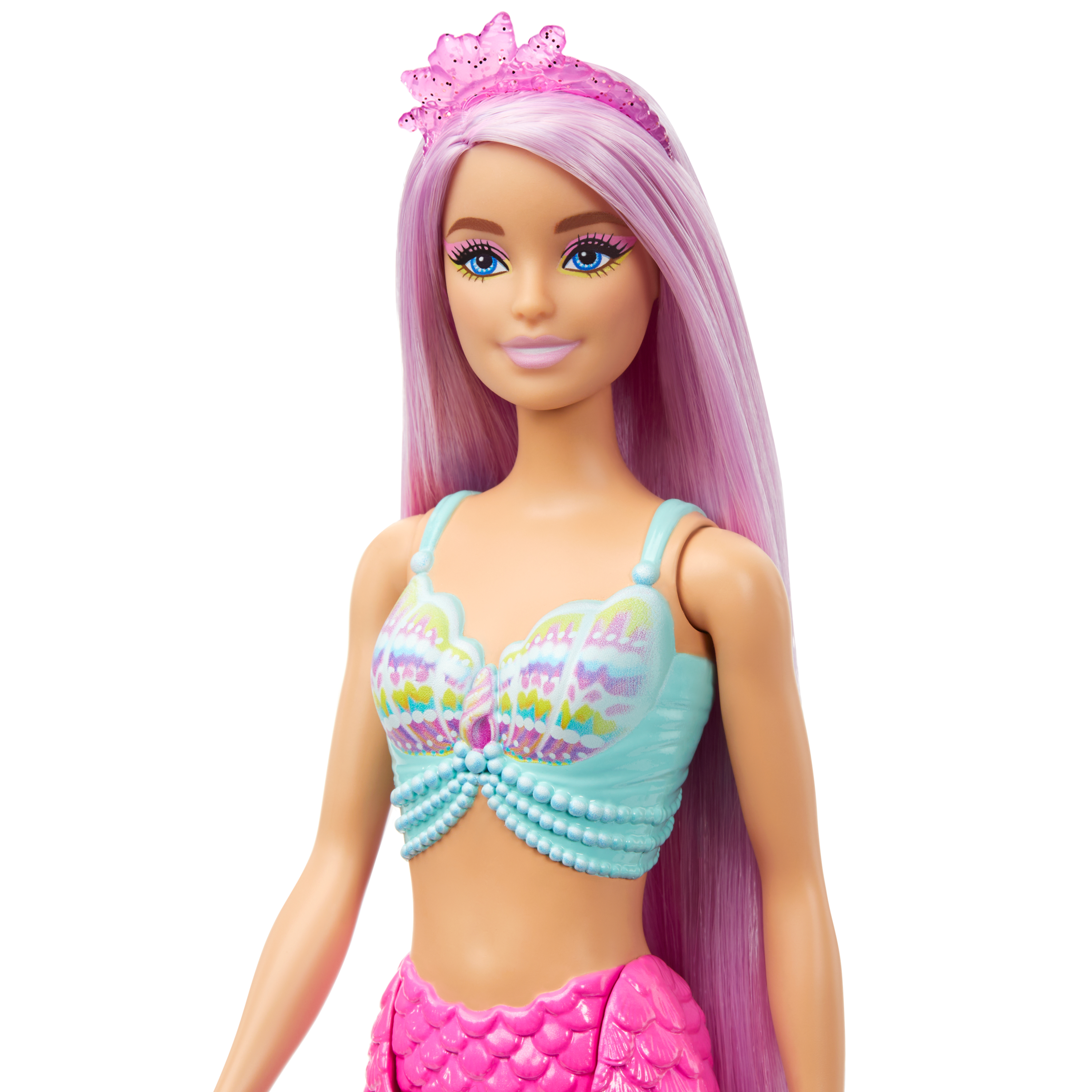 Una muñeca sirena Barbie con cabello rosa, top azul y cola rosa.