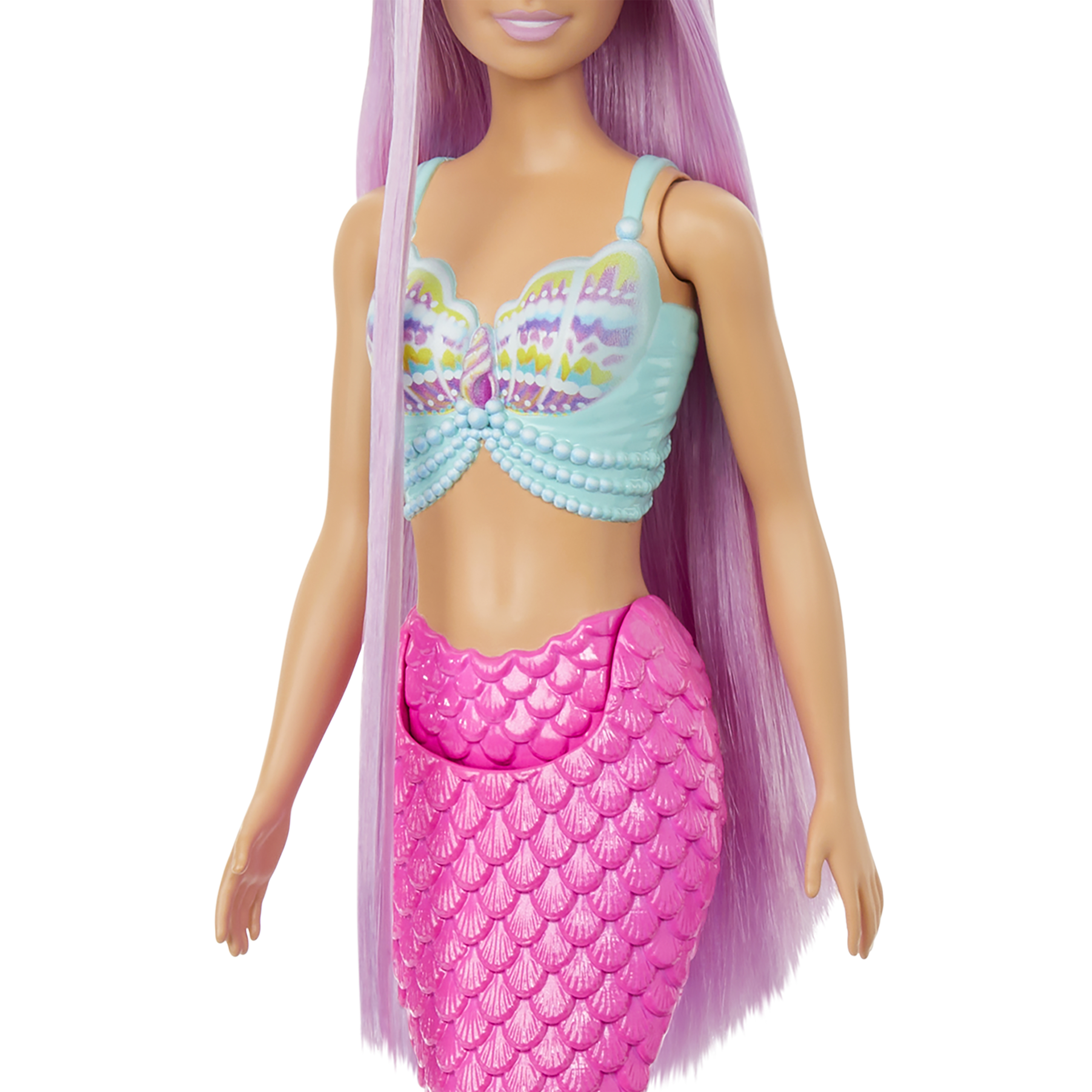 Muñeca Barbie sirena con cola rosa, top azul y pelo largo morado.