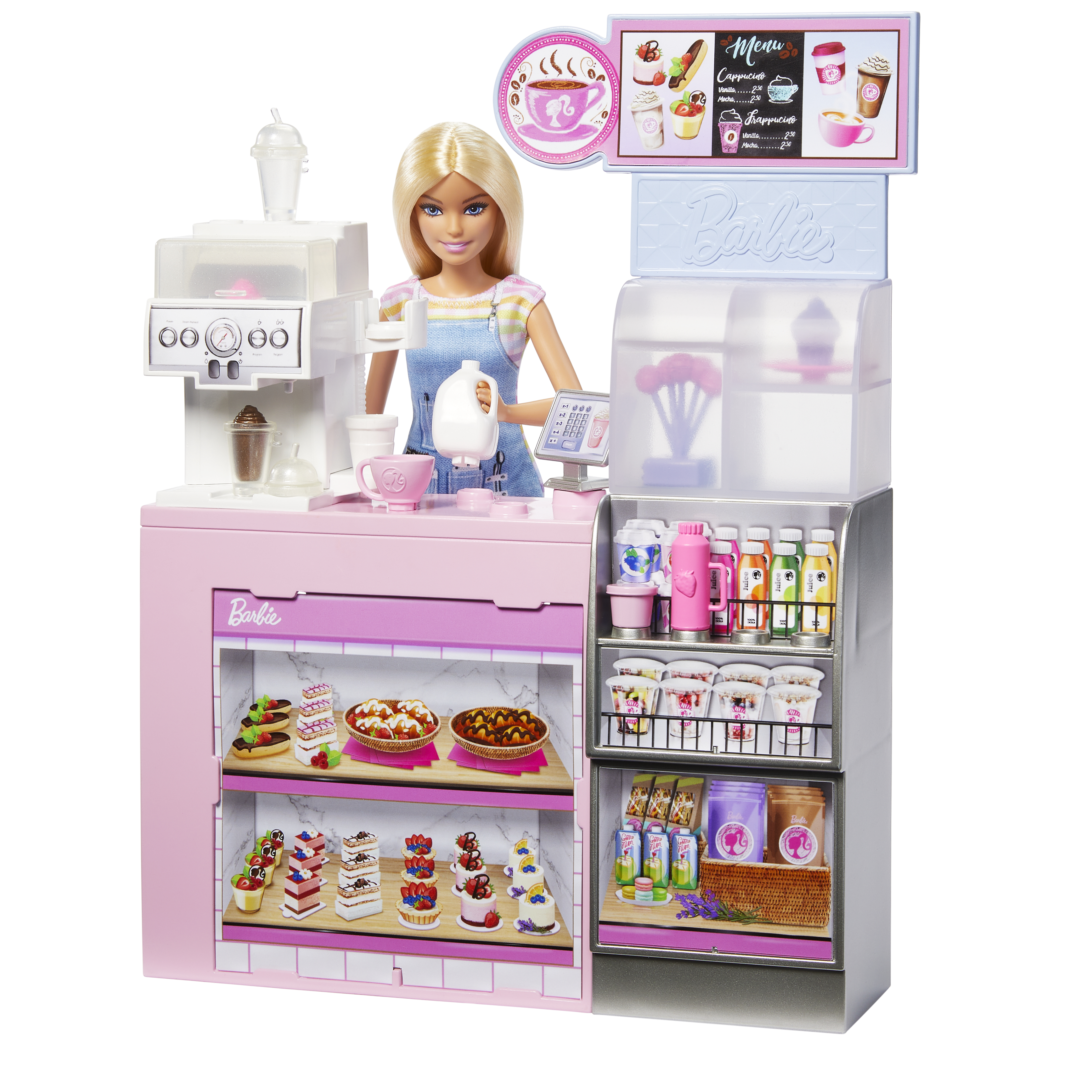 La muñeca Barbie está detrás de un mostrador de café rosa con alimentos.