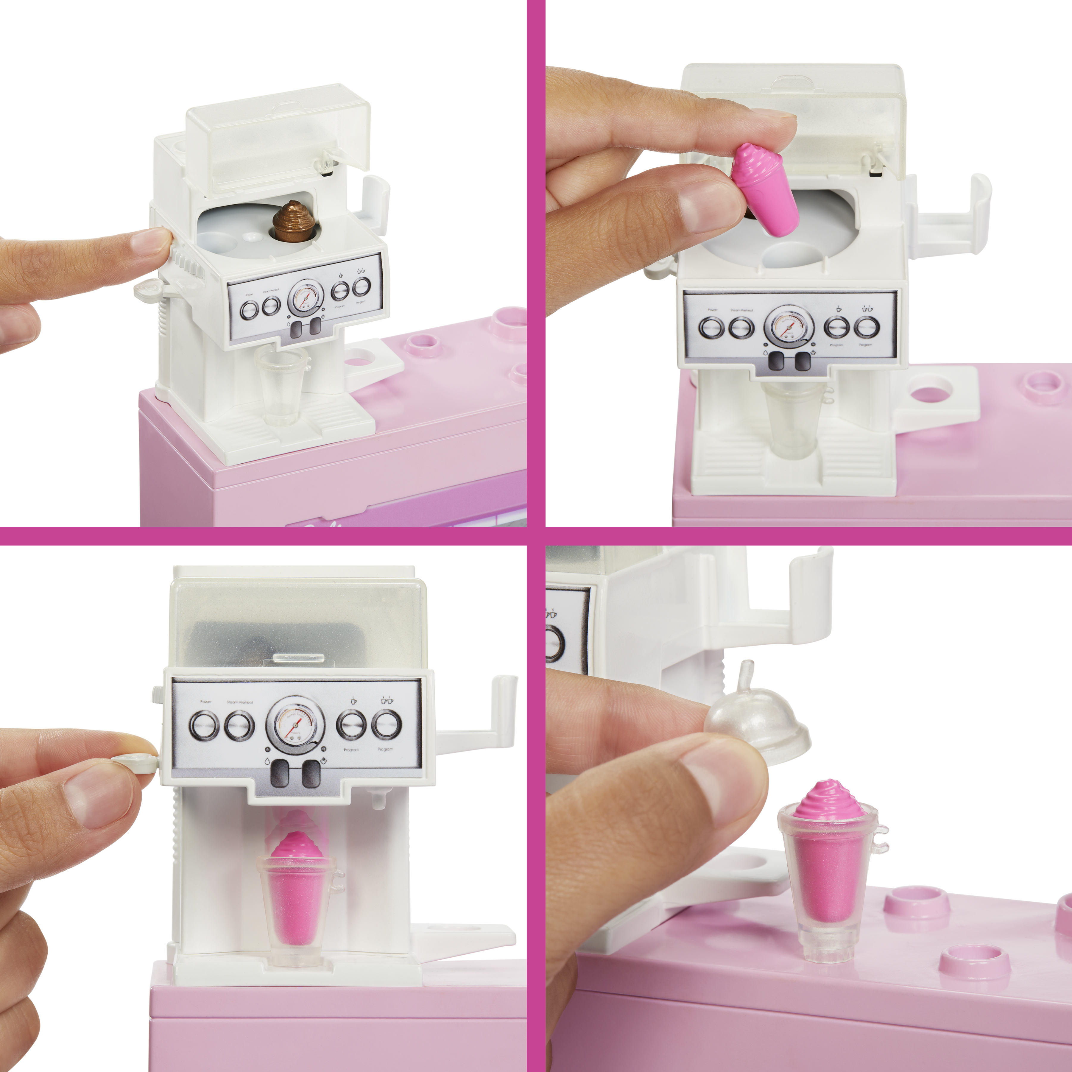 Imagen en cuatro partes muestra el proceso de hacer una batido de juguete. Piezas plásticas rosas y manos.