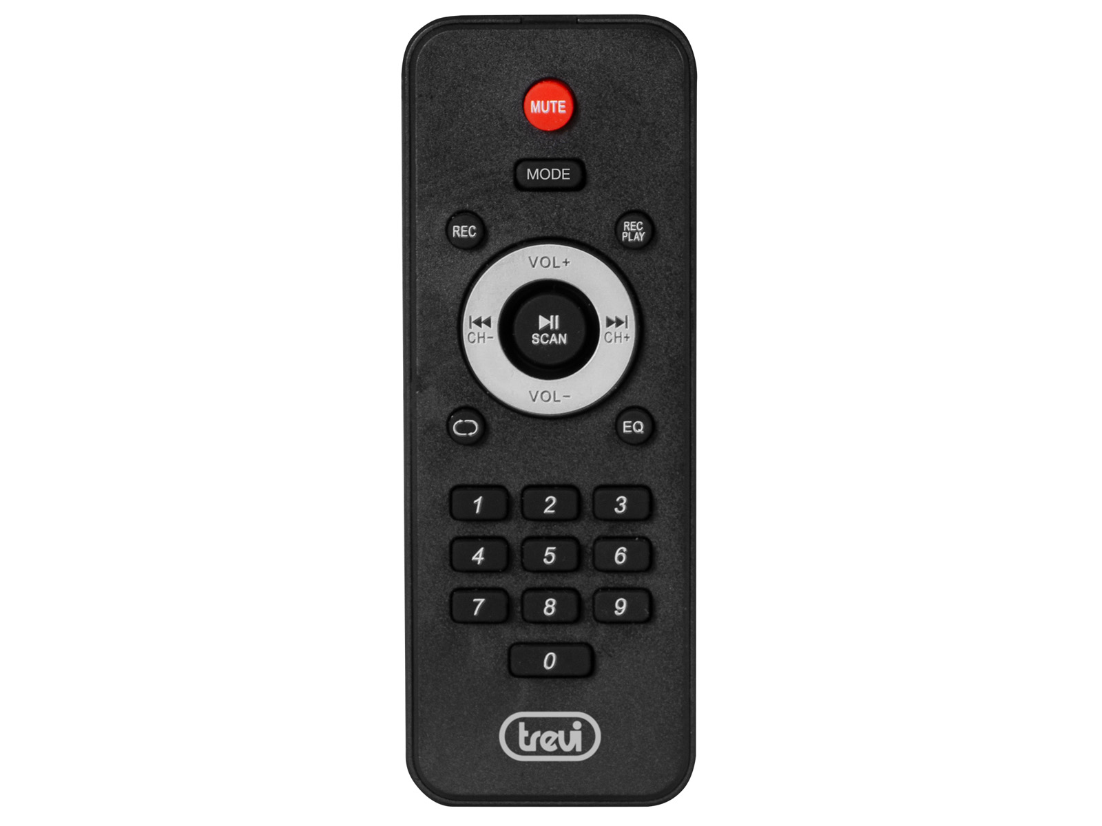 Czarny pilot z czerwonym przyciskiem wyciszania, głośnością, kanałem i przyciskami numerycznymi.