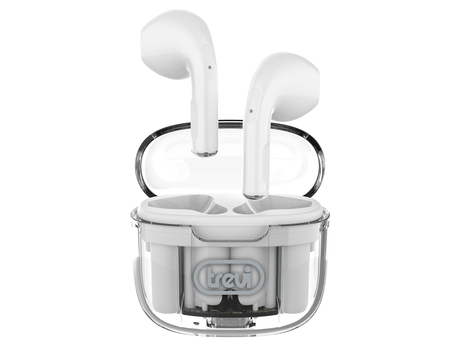 Auricolari wireless bianchi in una custodia trasparente. La custodia è aperta, mostrando gli auricolari e i componenti di ricarica.