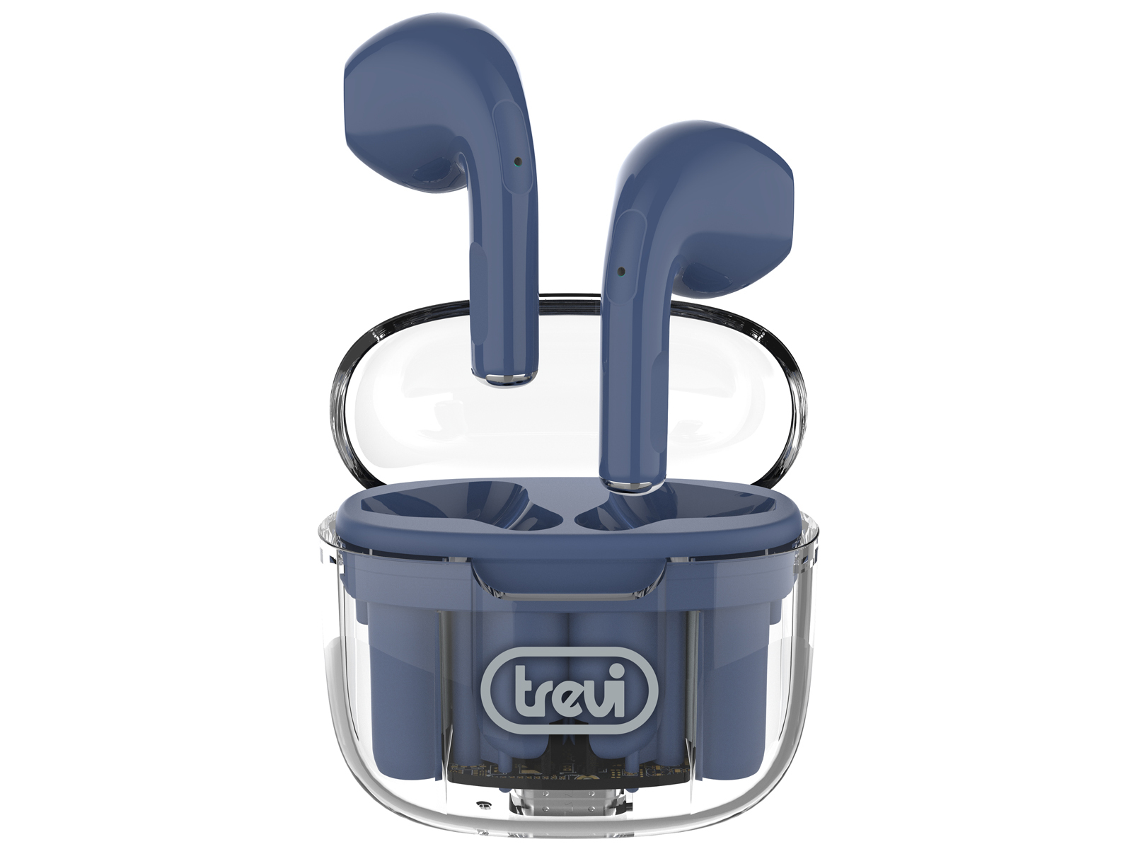 Auricolari wireless blu all'interno di una custodia di ricarica trasparente. La custodia ha una base blu con il logo 'trevi'.