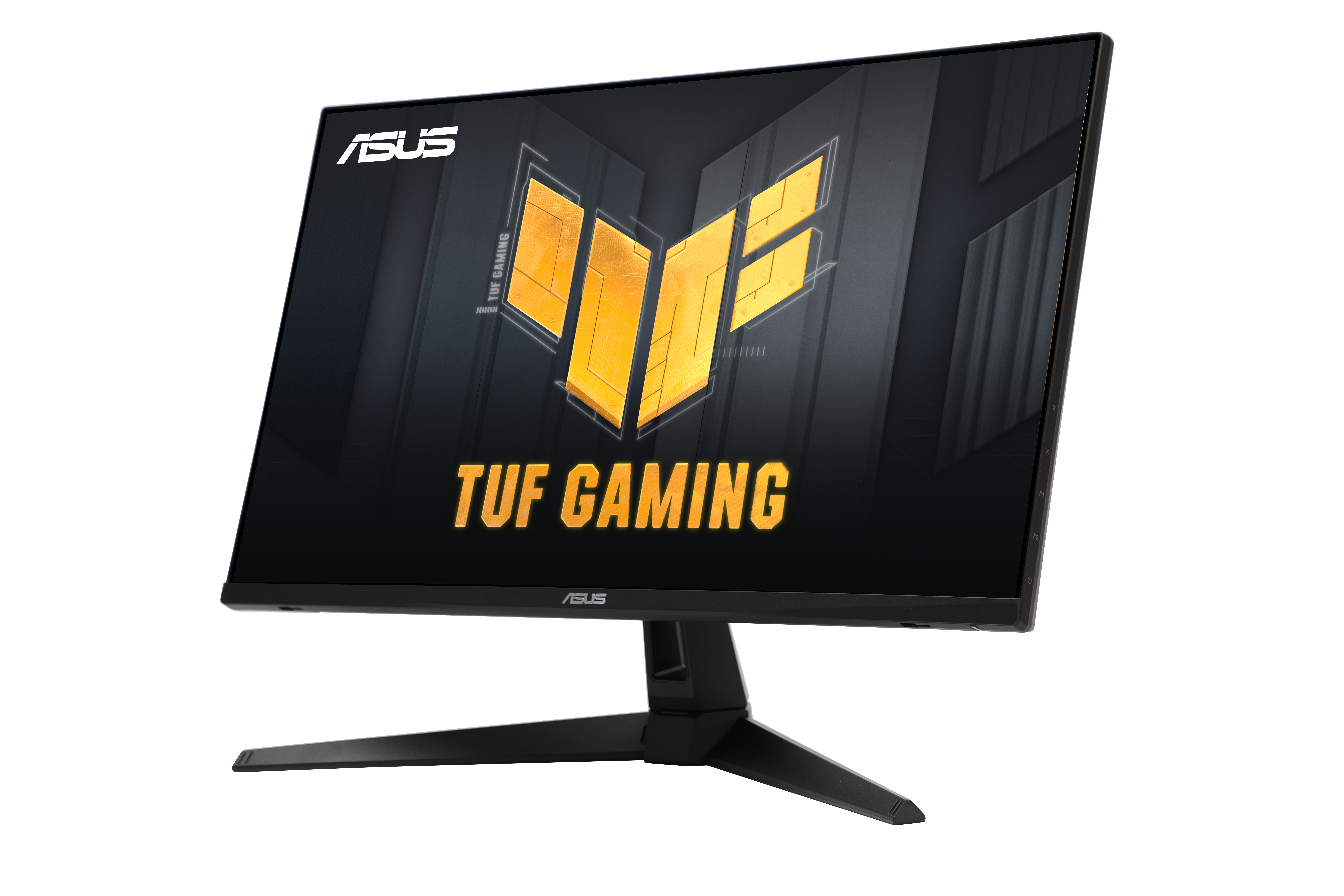 Monitor ASUS TUF Gaming z logo TUF GAMING. Monitor jest czarny ze stojakiem i białym tłem.