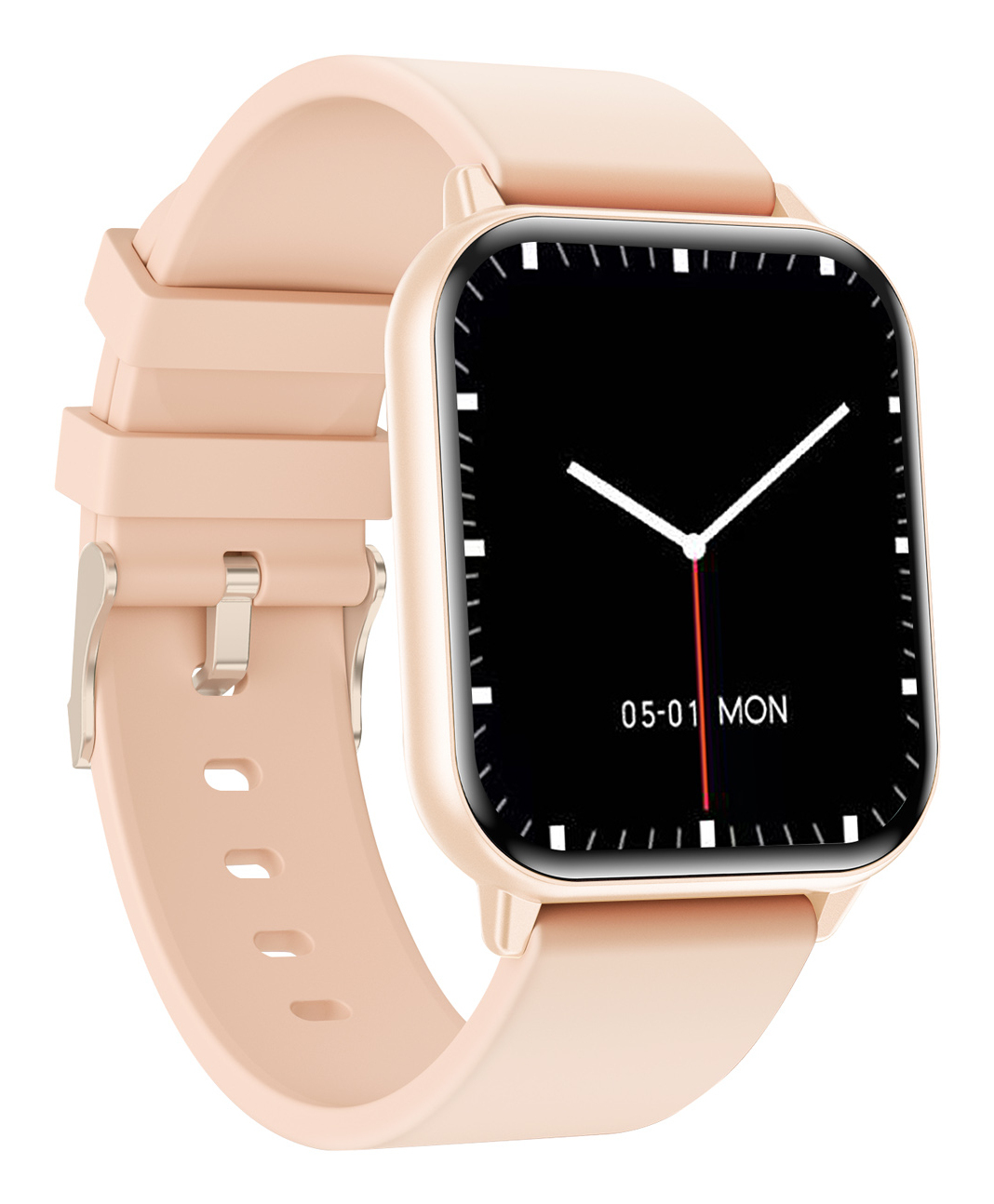 Eine Smartwatch mit quadratischem Zifferblatt, pfirsichfarbenem Armband und schwarzem Digitaldisplay.