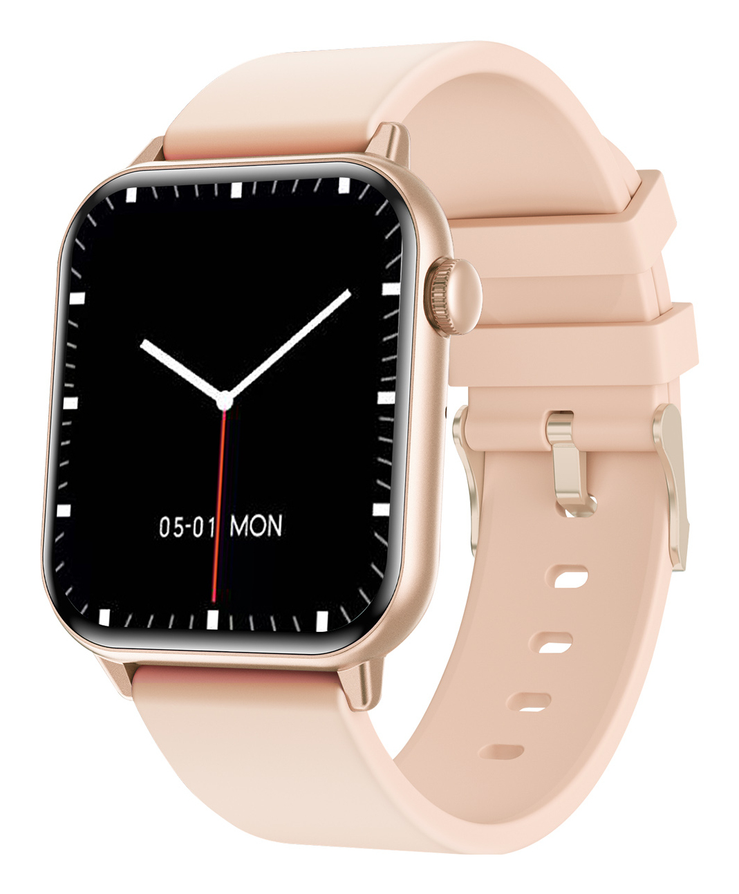 Smartwatch mit schwarzem Bildschirm, der das Datum anzeigt. Armband und Gehäuse sind roségoldfarben. Weißer Hintergrund.