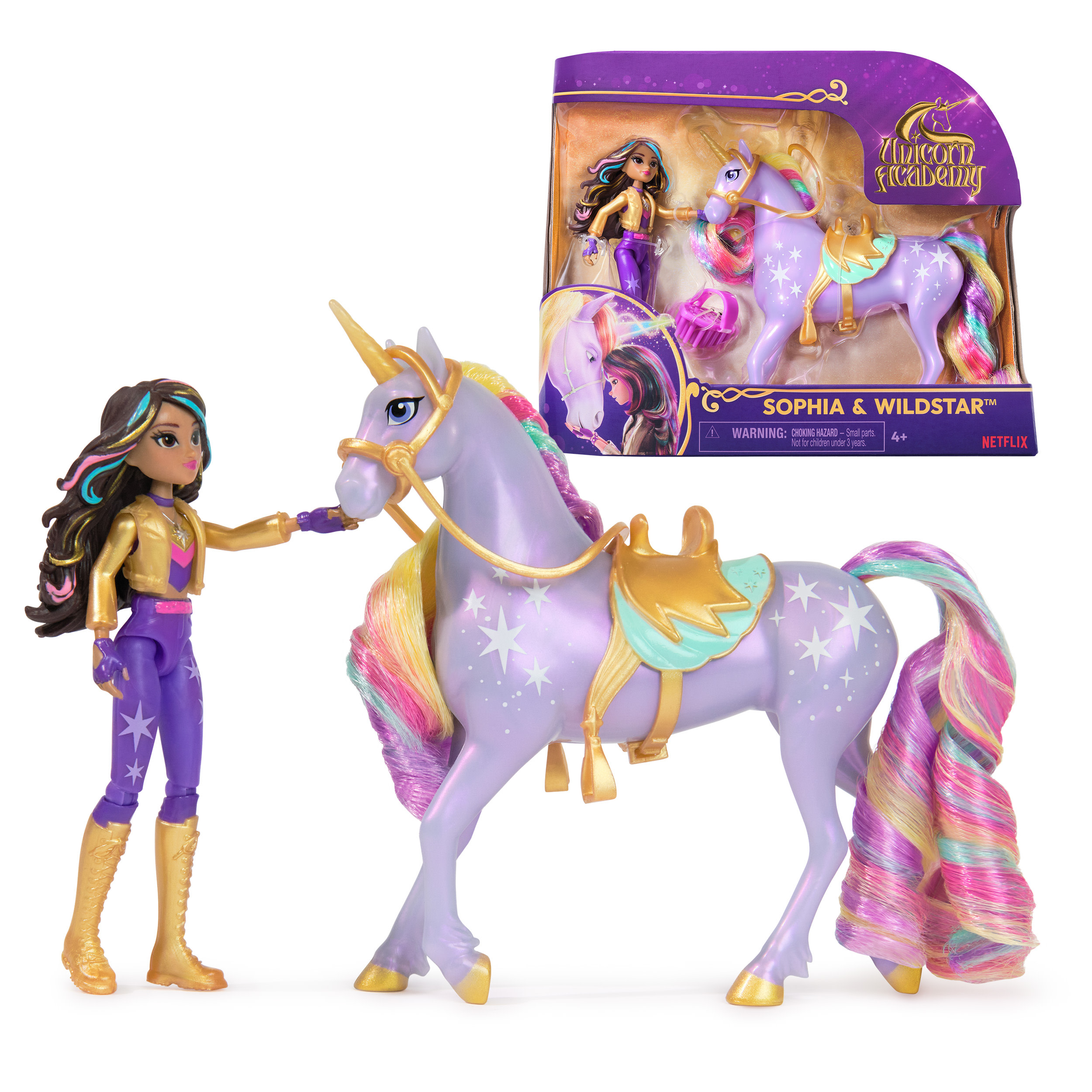Un juego de muñeca y unicornio. La muñeca viste de morado y dorado. El unicornio es morado claro con una melena arcoíris.