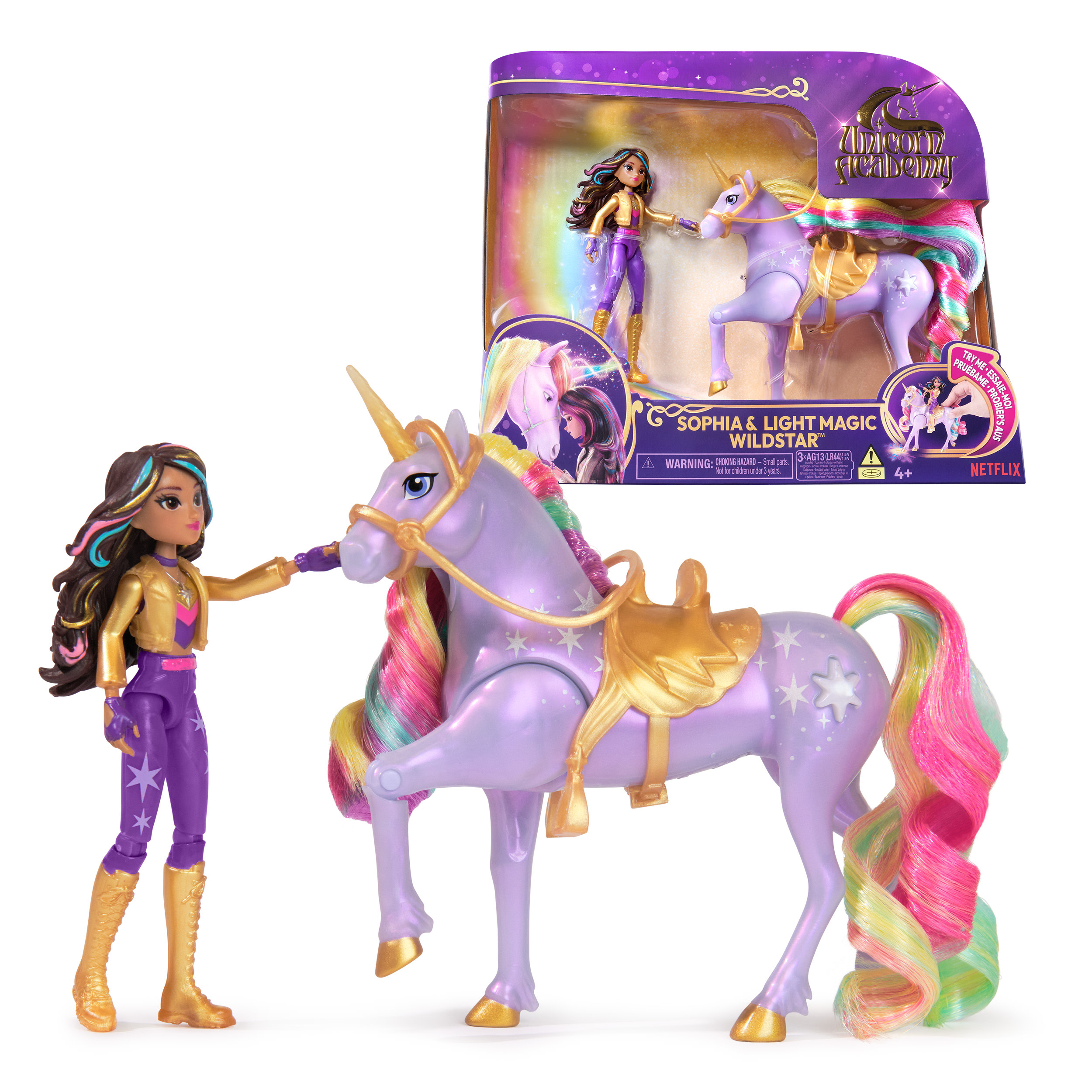 Un juego de muñeca y unicornio de juguete con una caja y una figura de niña.