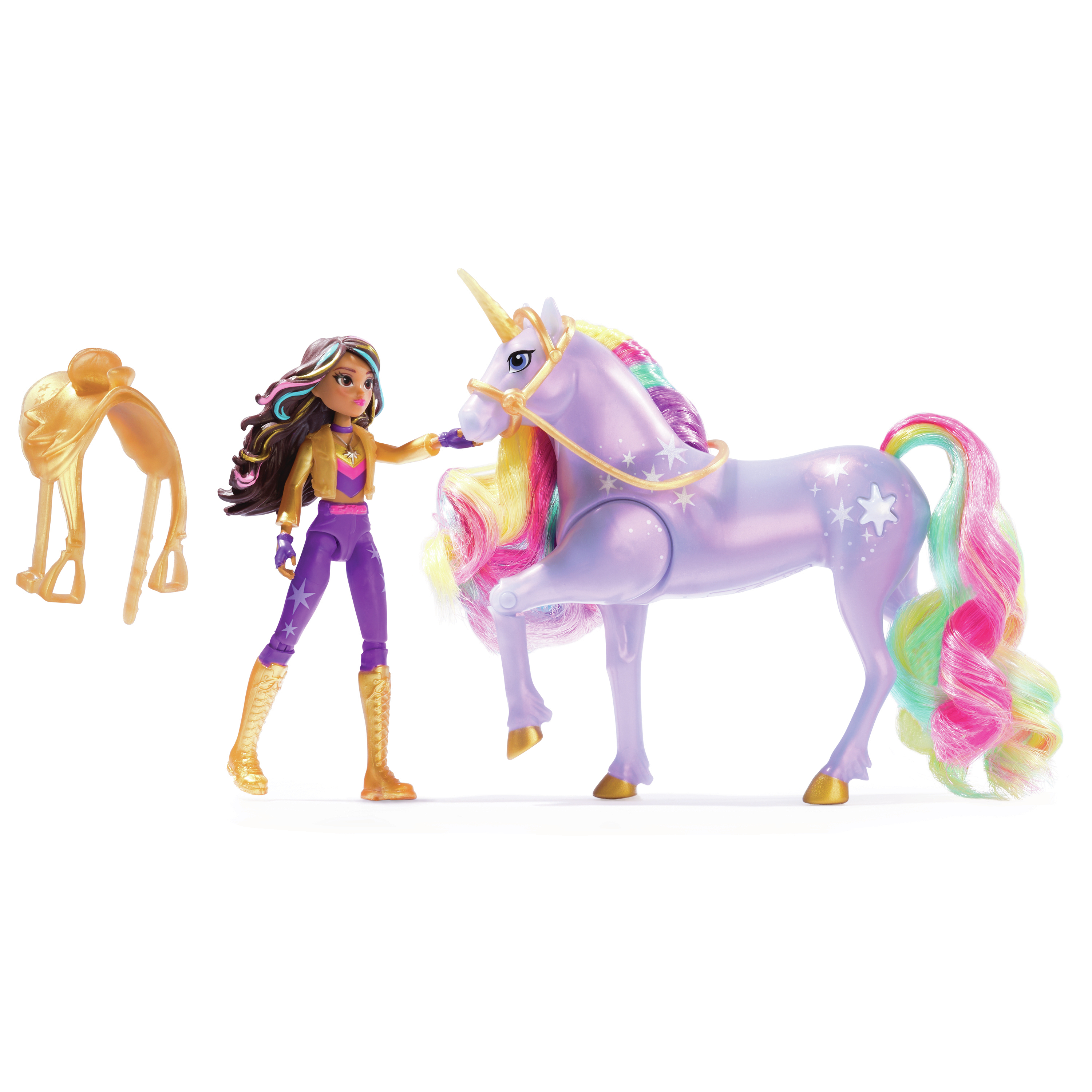 Figura de niña con juguete de unicornio. Una silla está a la izquierda.
