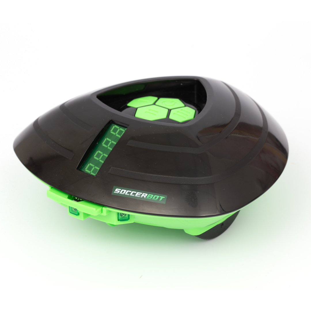 Giocattolo Soccerbot nero e verde. Ha un display, pulsanti verdi e una parte superiore nera.