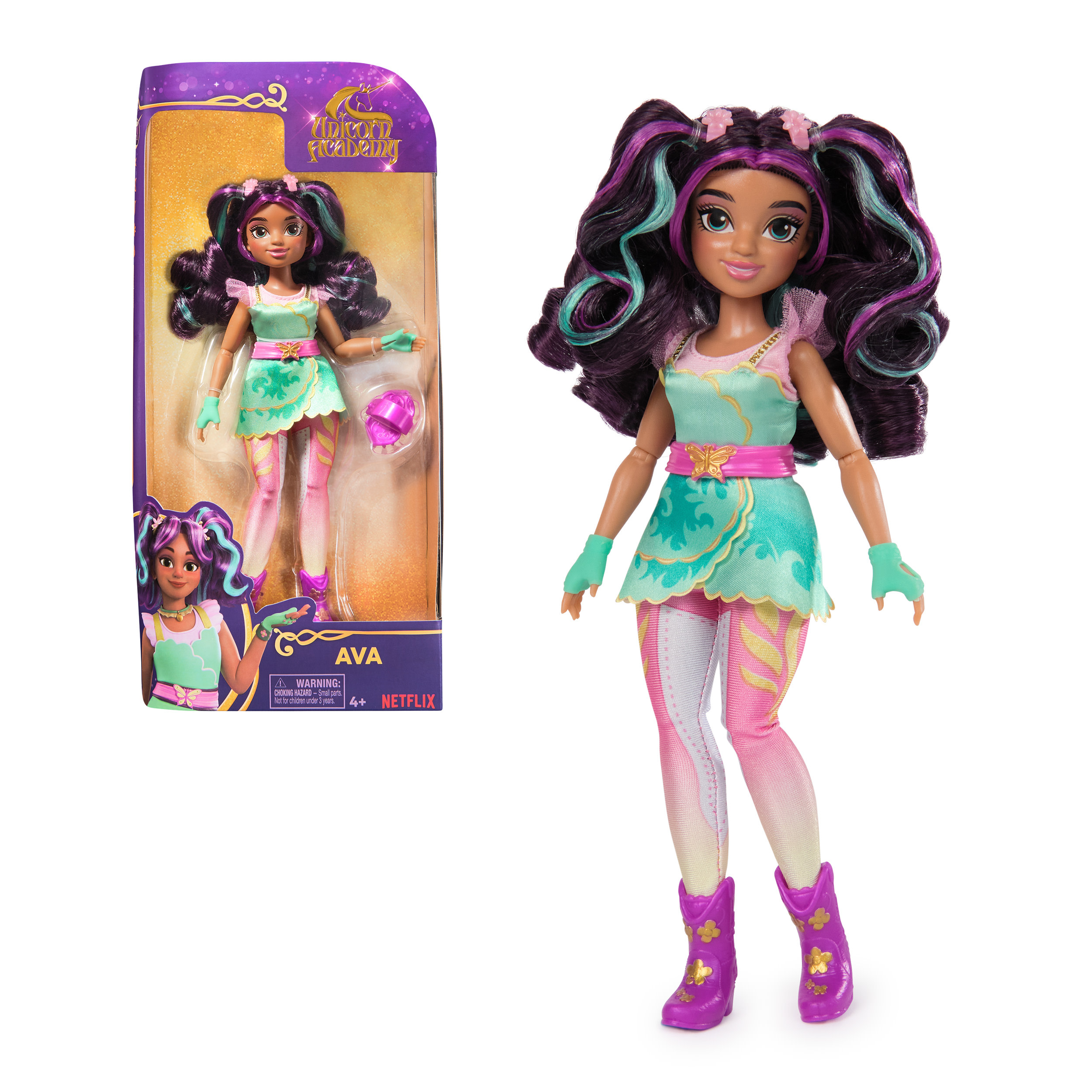 Muñeca llamada AVA con una caja. La muñeca tiene pelo morado y un vestido turquesa.