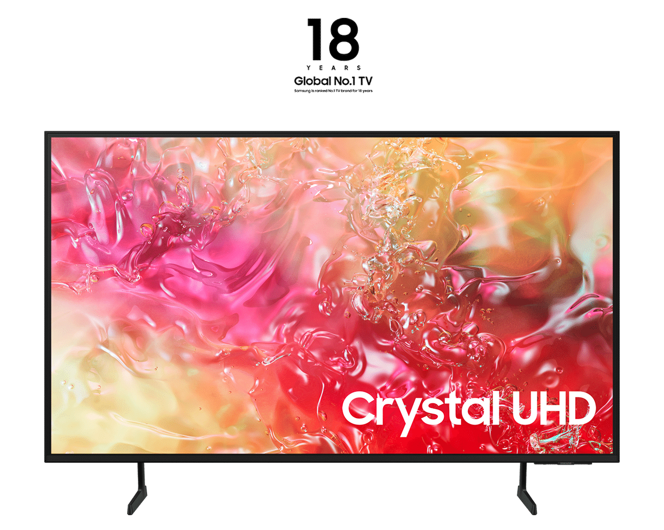 Grande schermo TV su supporti che mostra un'immagine colorata, con testo sovrapposto.