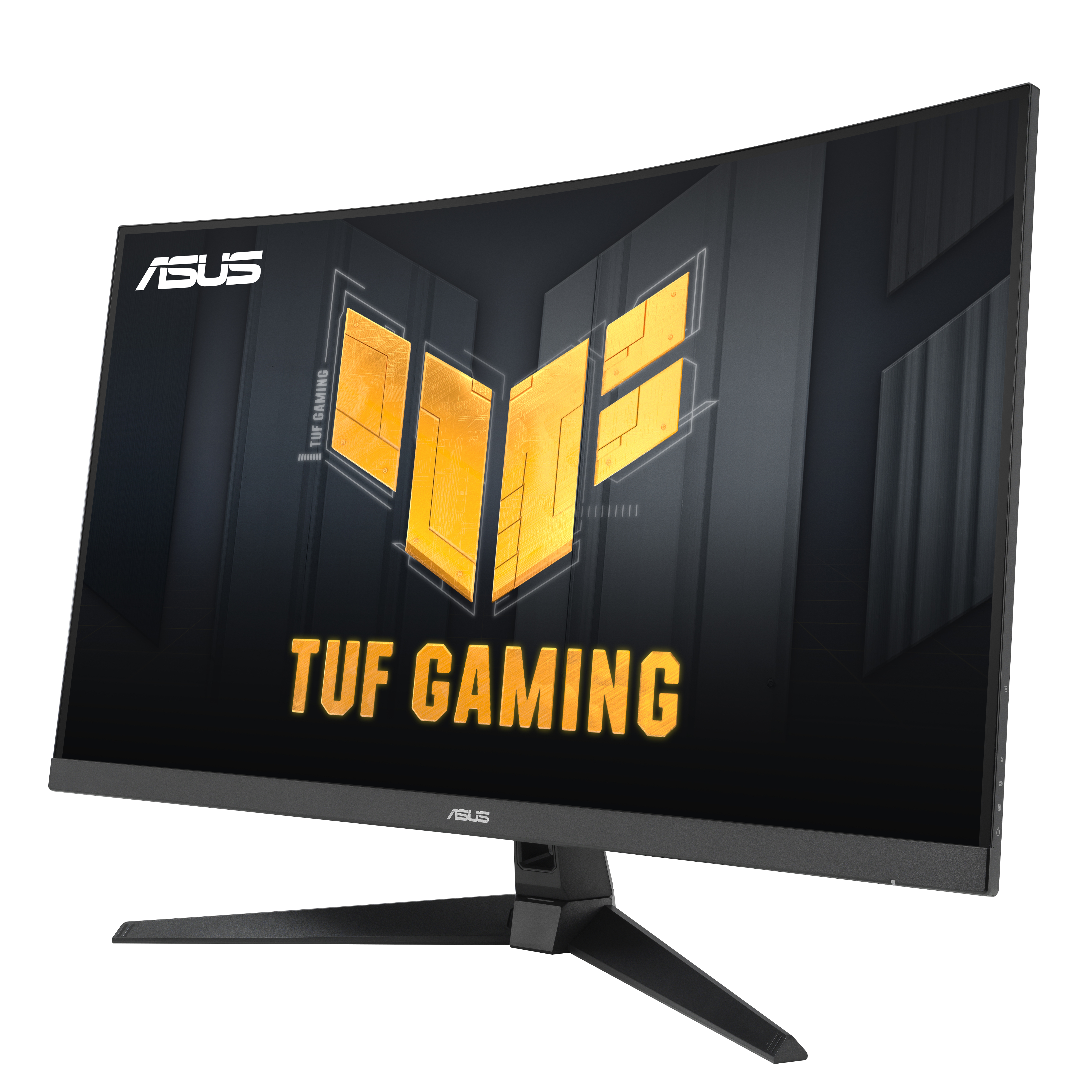 Zakrzywiony monitor ASUS TUF Gaming z czarną ramką i żółtym logo.