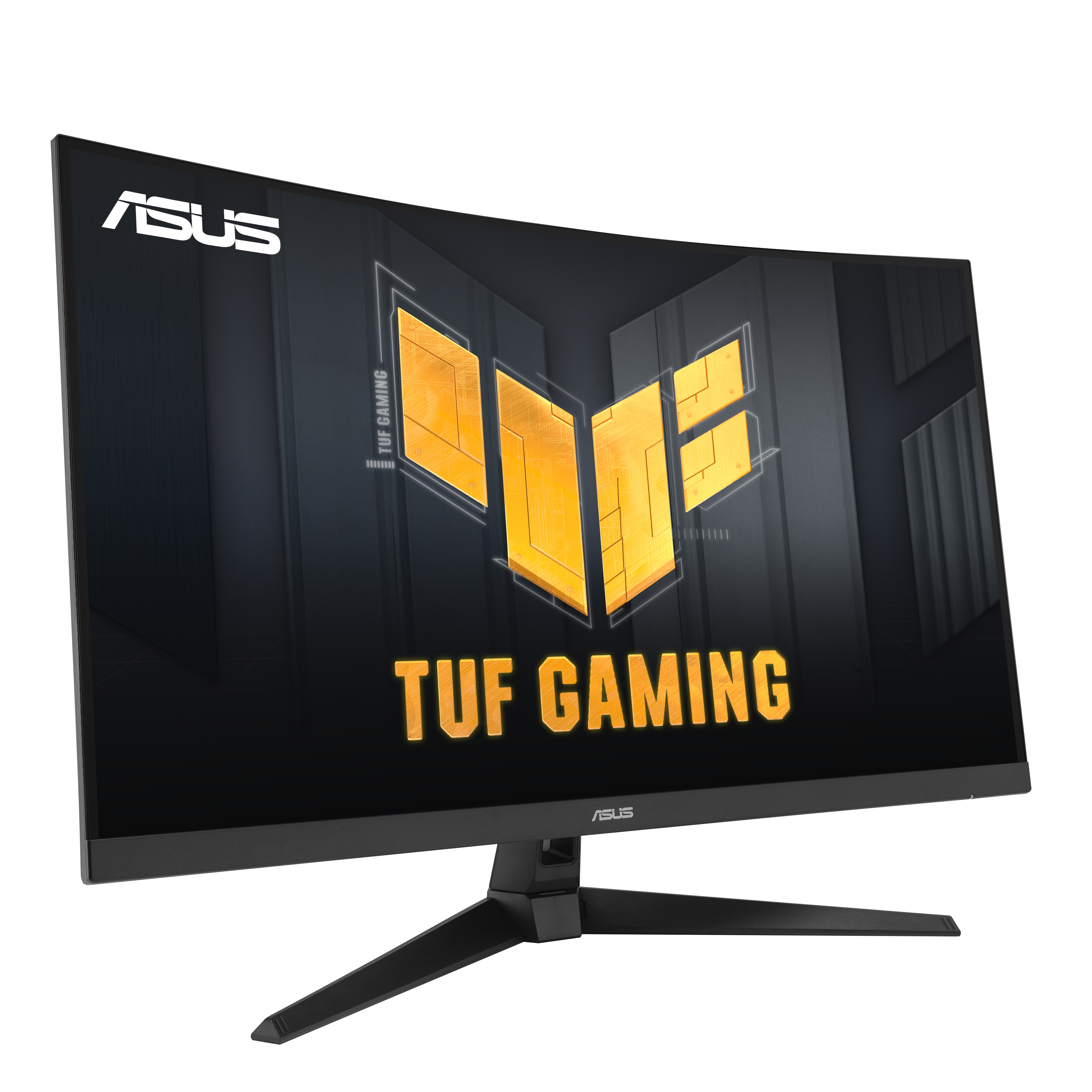 Zakrzywiony czarny monitor do gier z logo ASUS i marką TUF GAMING na czarnym tle.