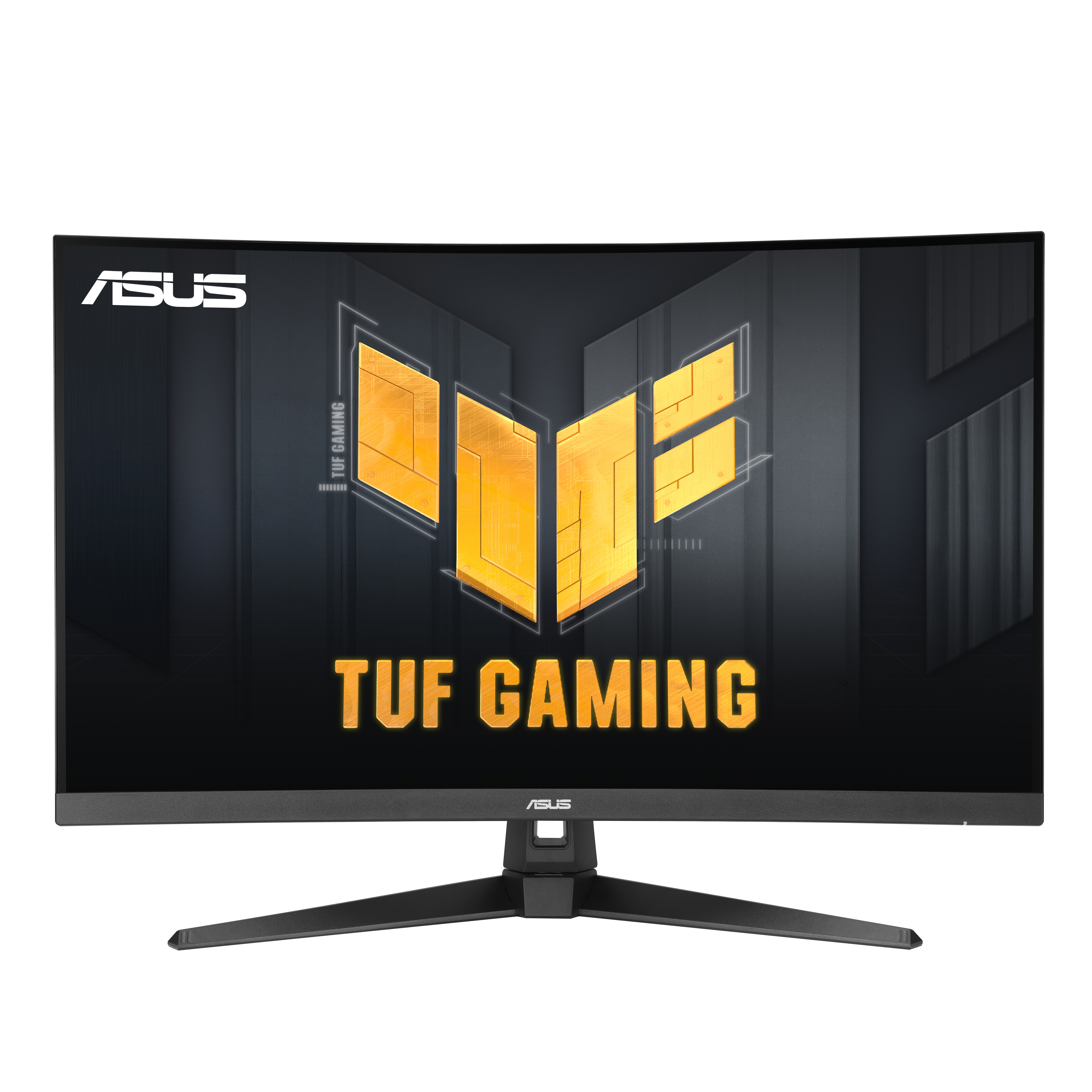 Zakrzywiony monitor ASUS TUF Gaming, czarna ramka, ze stojakiem. Ekran wyświetla logo.