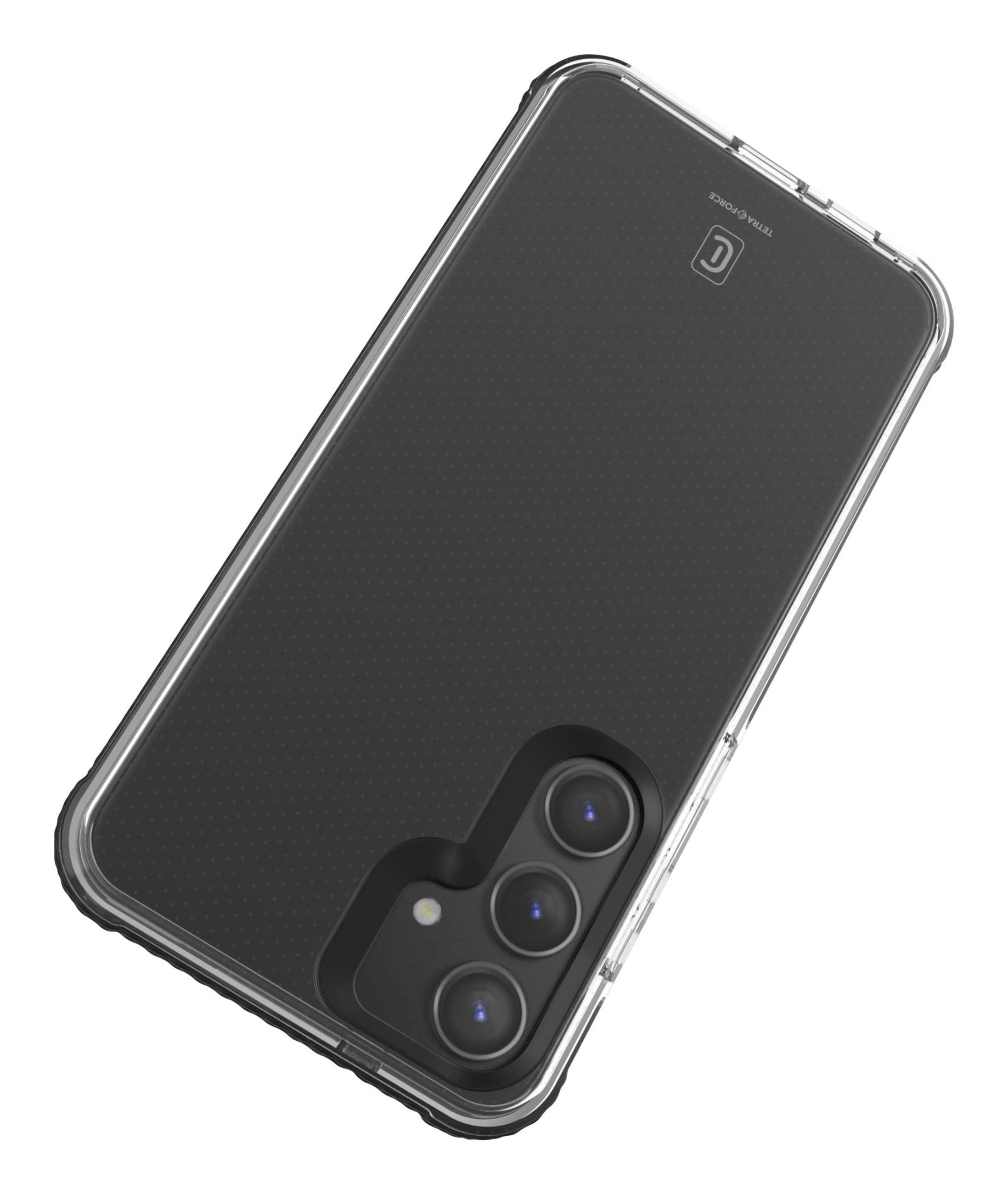 Telefono nero in una custodia trasparente con motivo a punti neri sul retro. Tripla fotocamera.