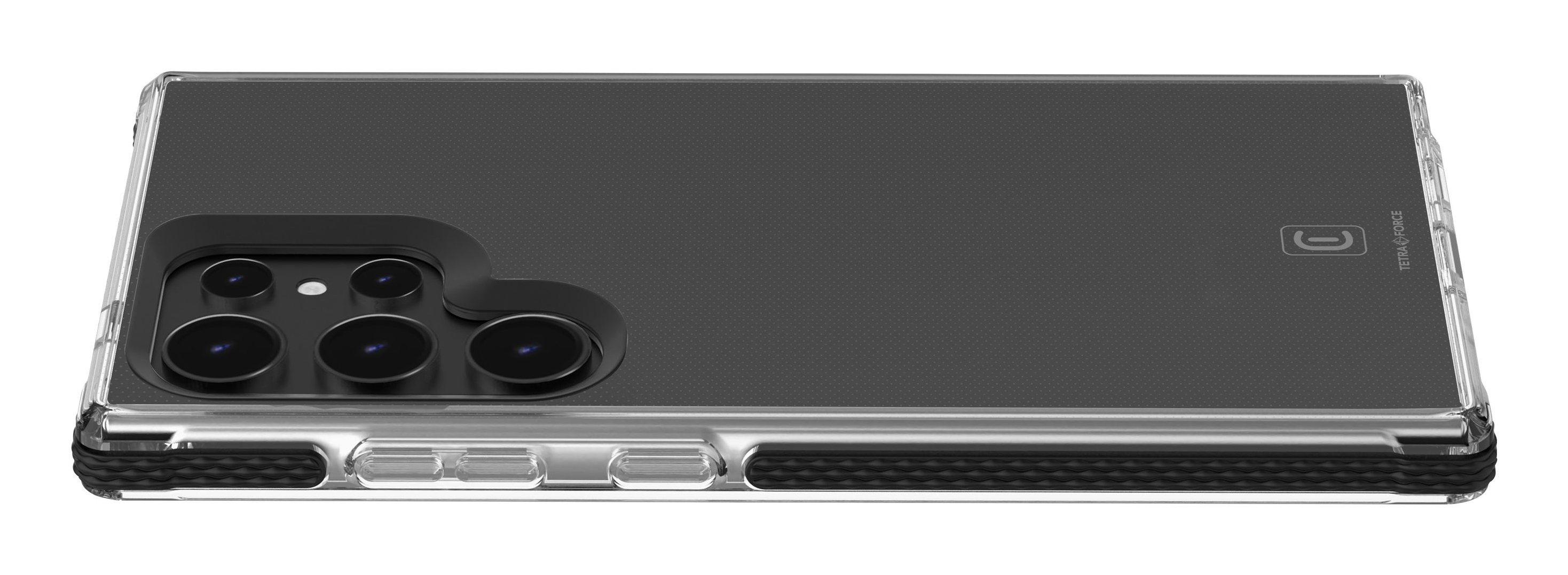 Funda de teléfono, protuberancia de cámara negra, parte trasera transparente. Lados negros.