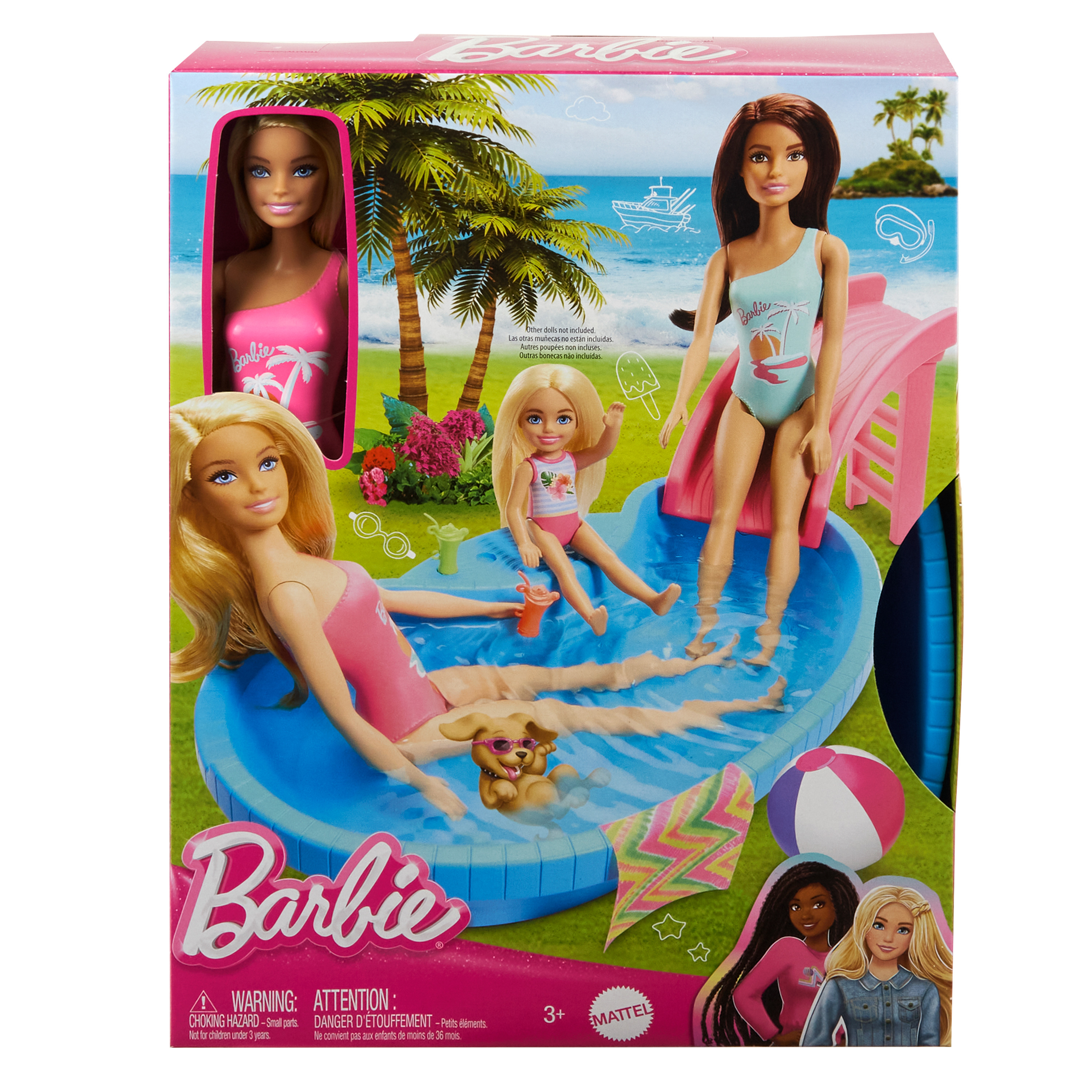 Scatola Barbie con bambole Barbie in piscina. Include uno scivolo d'acqua e un cane.