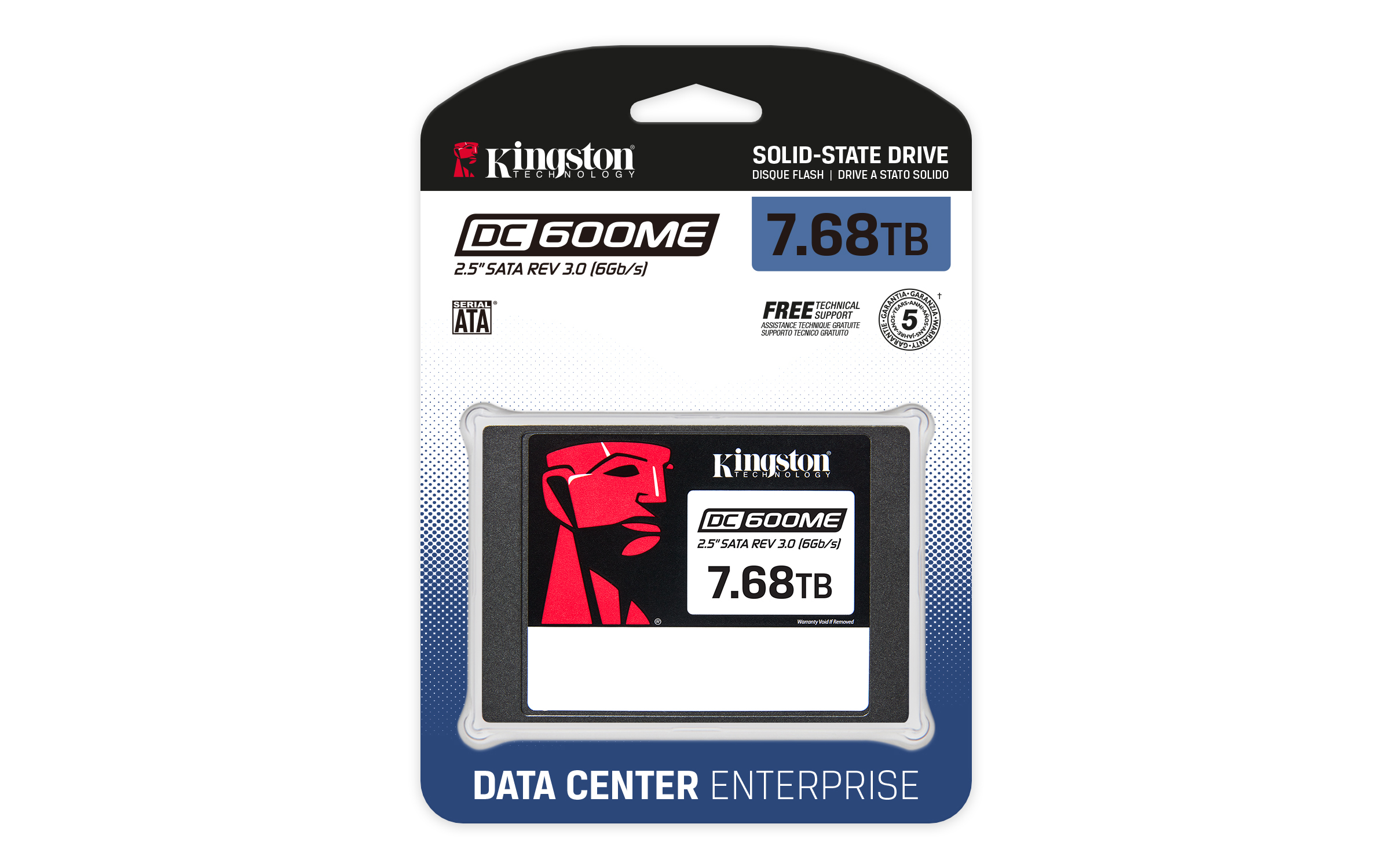 Kingston DC600ME 7,68TB SSD in Verpackung mit rotem Logo. Datenzentrum Enterprise.