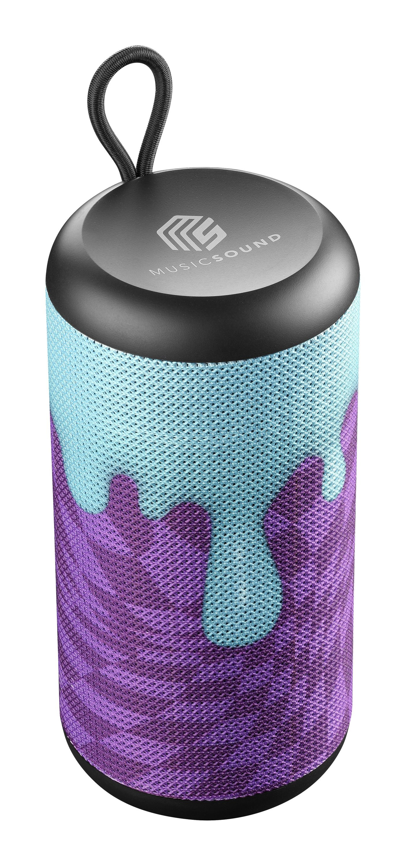 Cylindryczny przenośny głośnik Bluetooth z siatkową i wzorzystą powierzchnią.