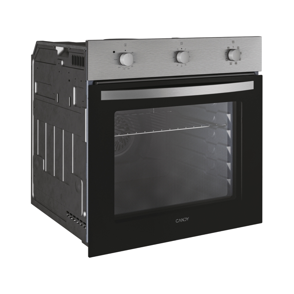 Forno Candy con porta aperta, design argento e nero.