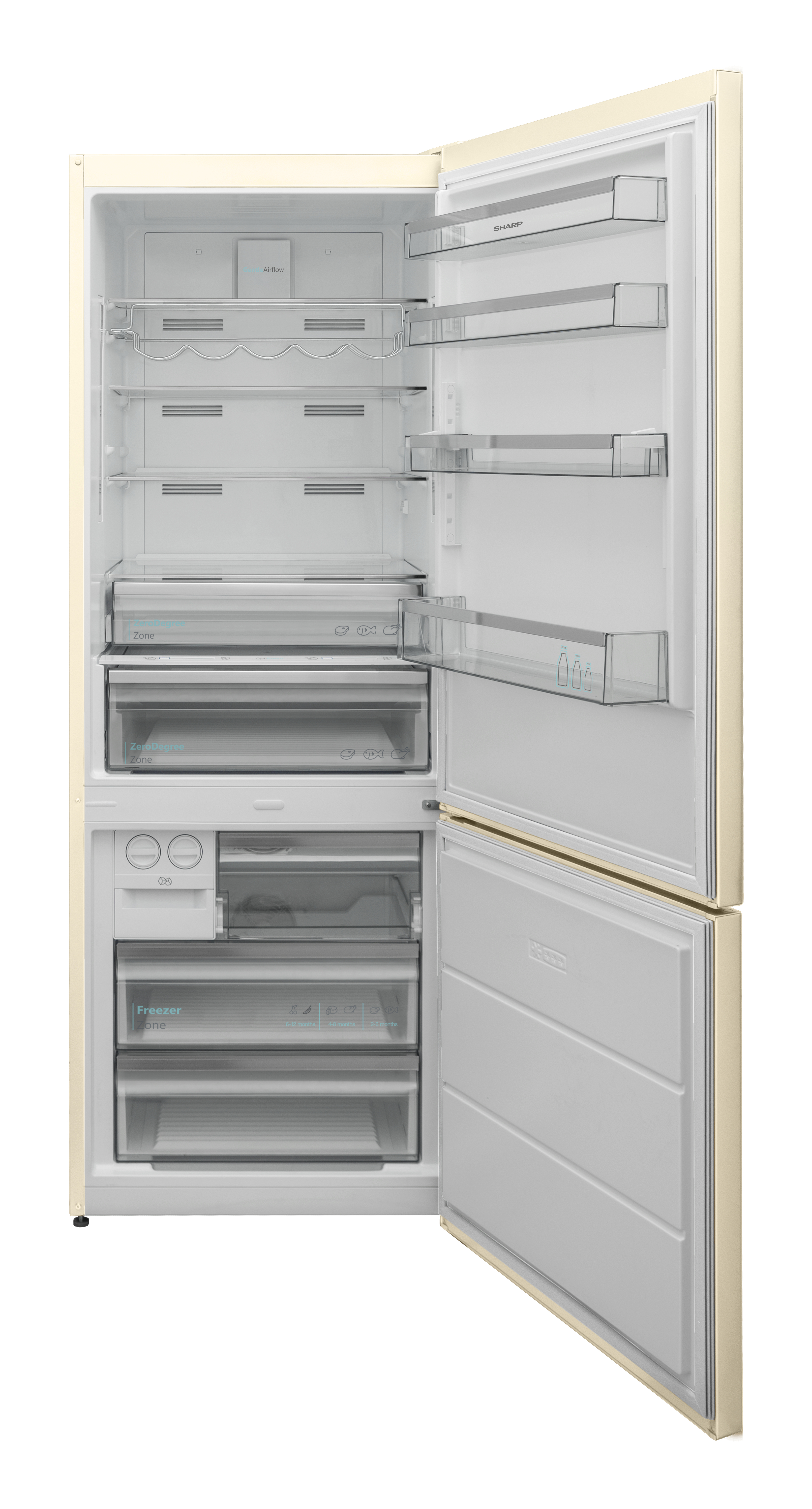 Frigorifero color crema con la porta aperta. Scaffali e cassetti sono visibili. Sfondo bianco.
