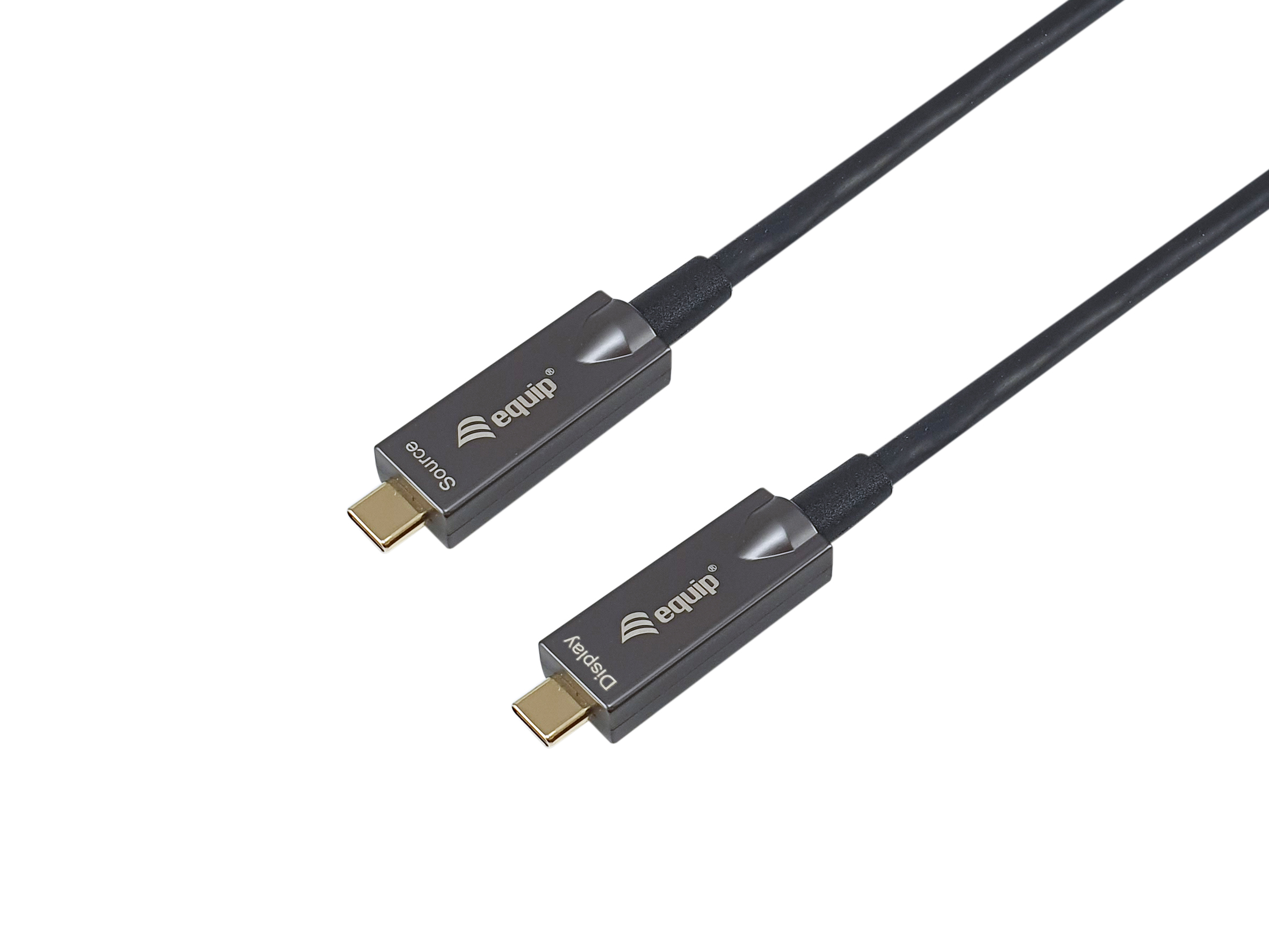 Due cavi USB-C neri con connettori grigi. I connettori sono etichettati con sorgente e display. Sfondo bianco.