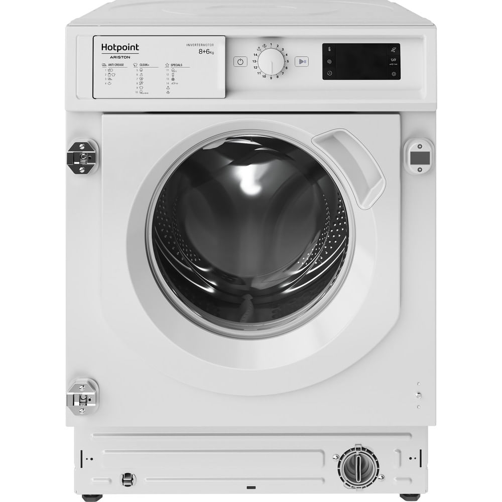 Weiße Einbauwaschmaschine mit Hotpoint Ariston Logo und Bedienfeld.