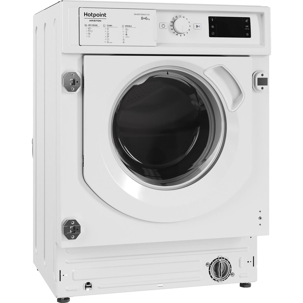 Weiße Hotpoint Waschmaschine. Vorderansicht mit offener Tür.