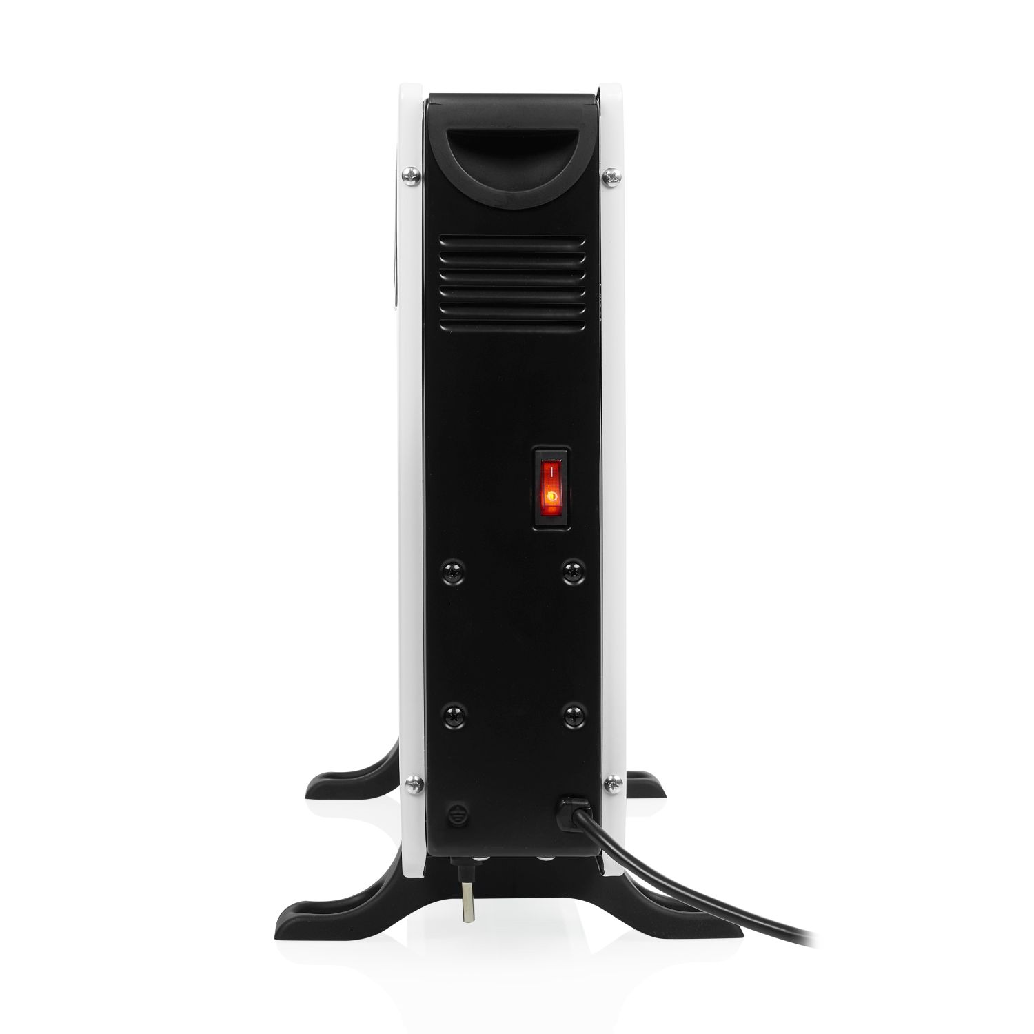 Biało-czarny grzejnik elektryczny. Ma włącznik/wyłącznik i przewód zasilający.